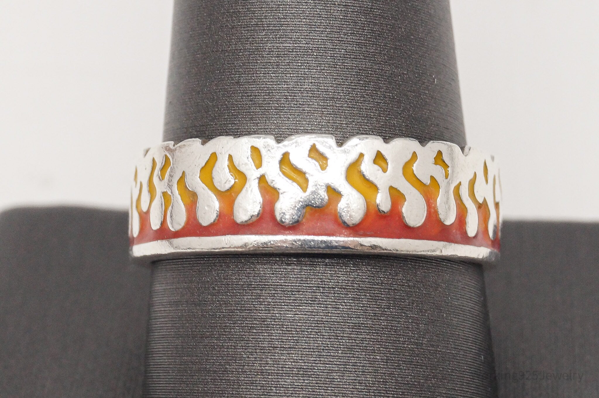 Vintage PSCL Fire Flames Enamel Sterling Silver Band Ring - Size 10.75