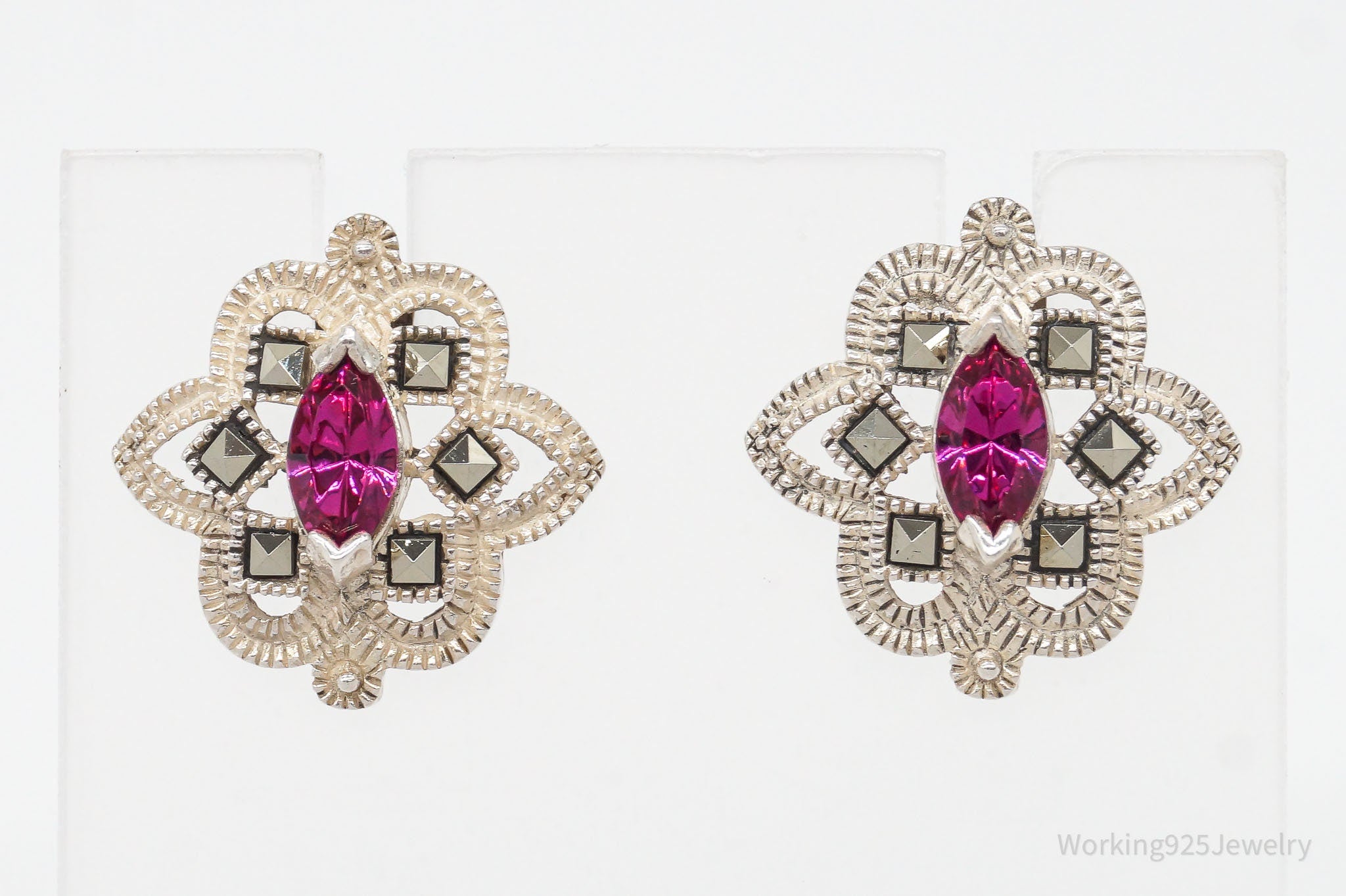 Vintage Marcasite Fuchsia Rhinestone Sterling Silver Earrings