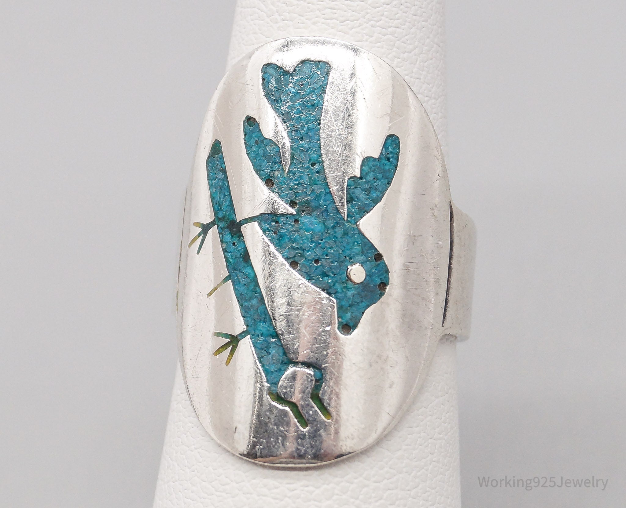 Vintage Mexico Turquoise Inlay Bird Sterling Silver Ring - Size 6