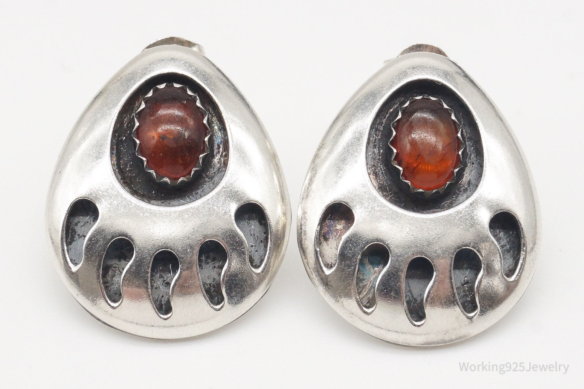 Vintage Native American Unsigned Amber Bear Paw Print Sterling Silver Earrings