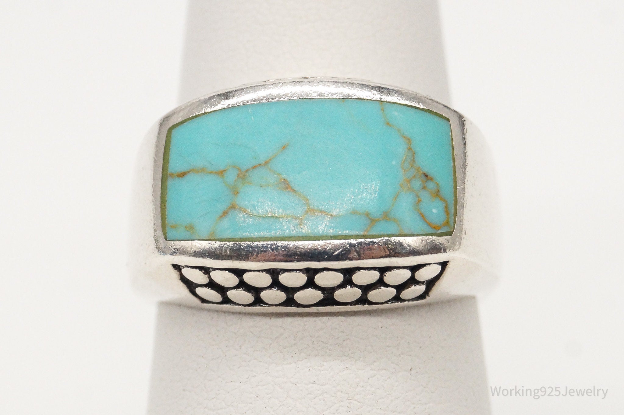 Vintage Large Turquoise Bali Inspired Sterling Silver Ring - Size 5.75