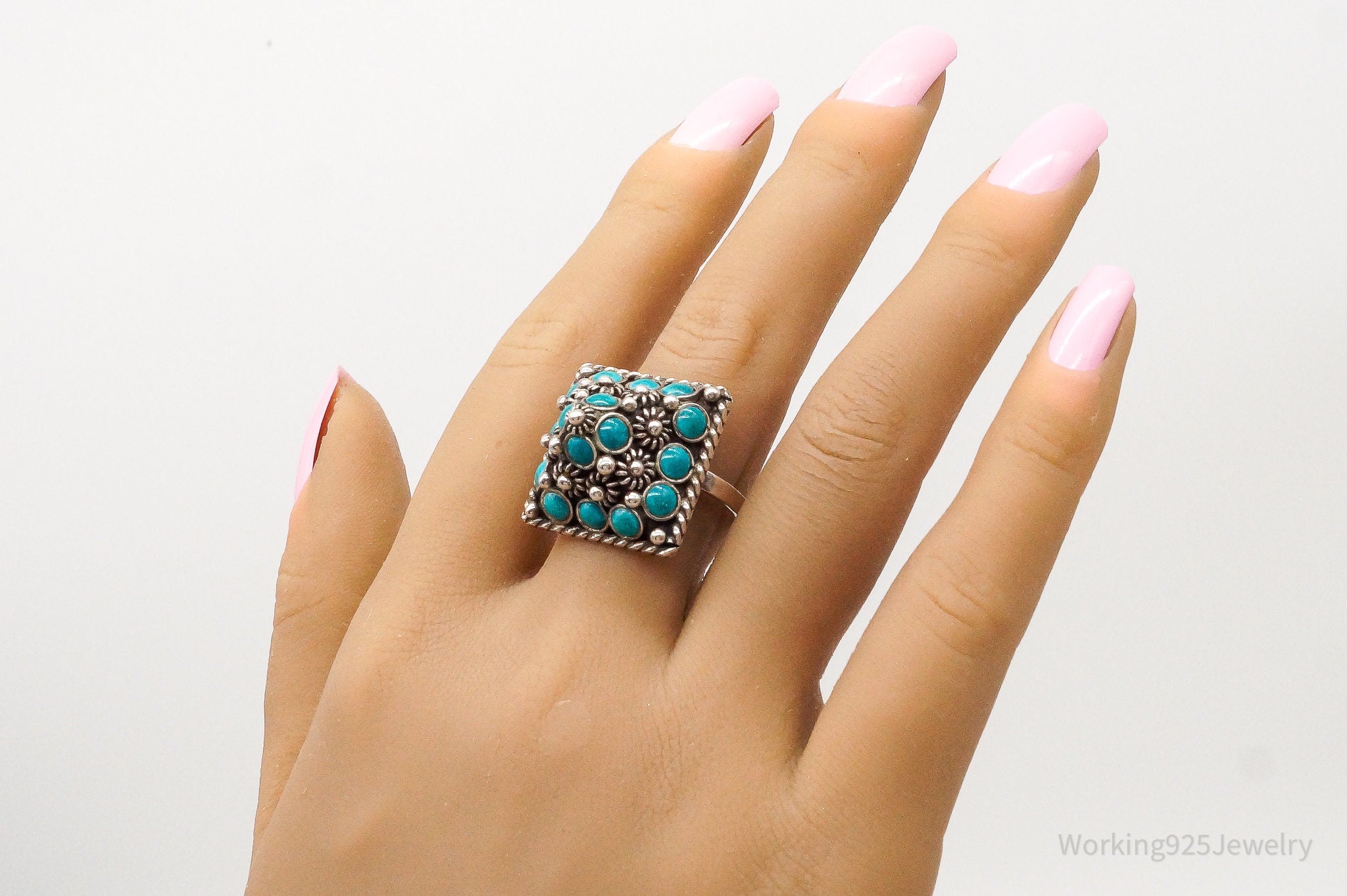 Vintage Mexico Turquoise Cannetille Silver Ring - Size 10 Adjustable