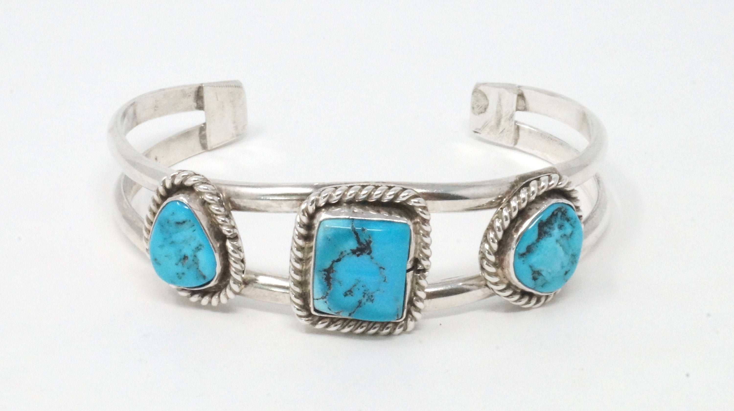 Vintage Southwest Handmade Sterling Silver Turquoise Rope Design Cuff Bracelet