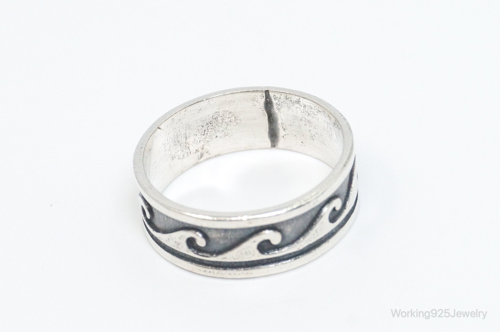 Vintage Wave Scroll Oxidized Design Sterling Silver Band Ring - Size 10