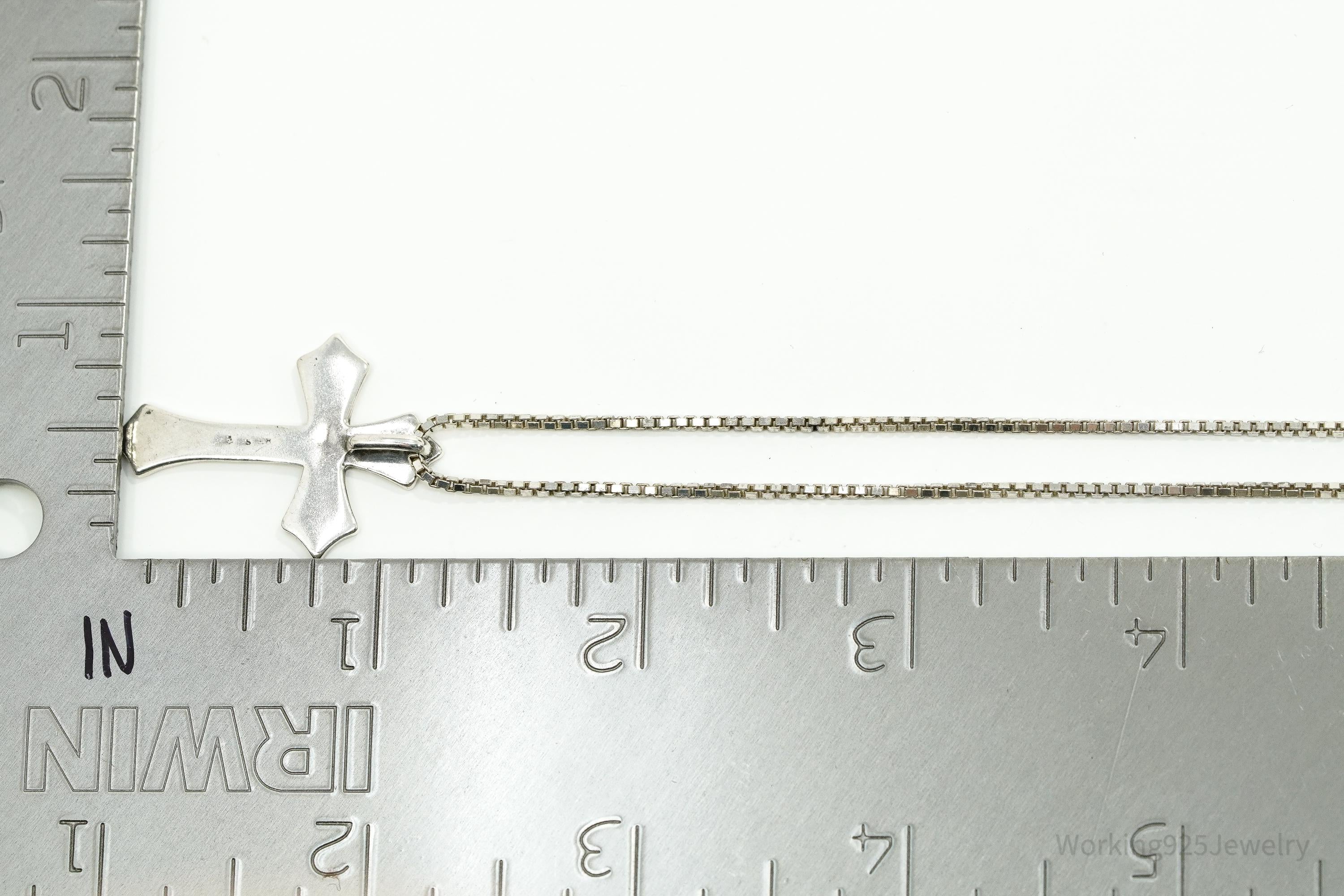 Vintage Black Enamel Inlay Sterling Silver Cross Necklace - 19"