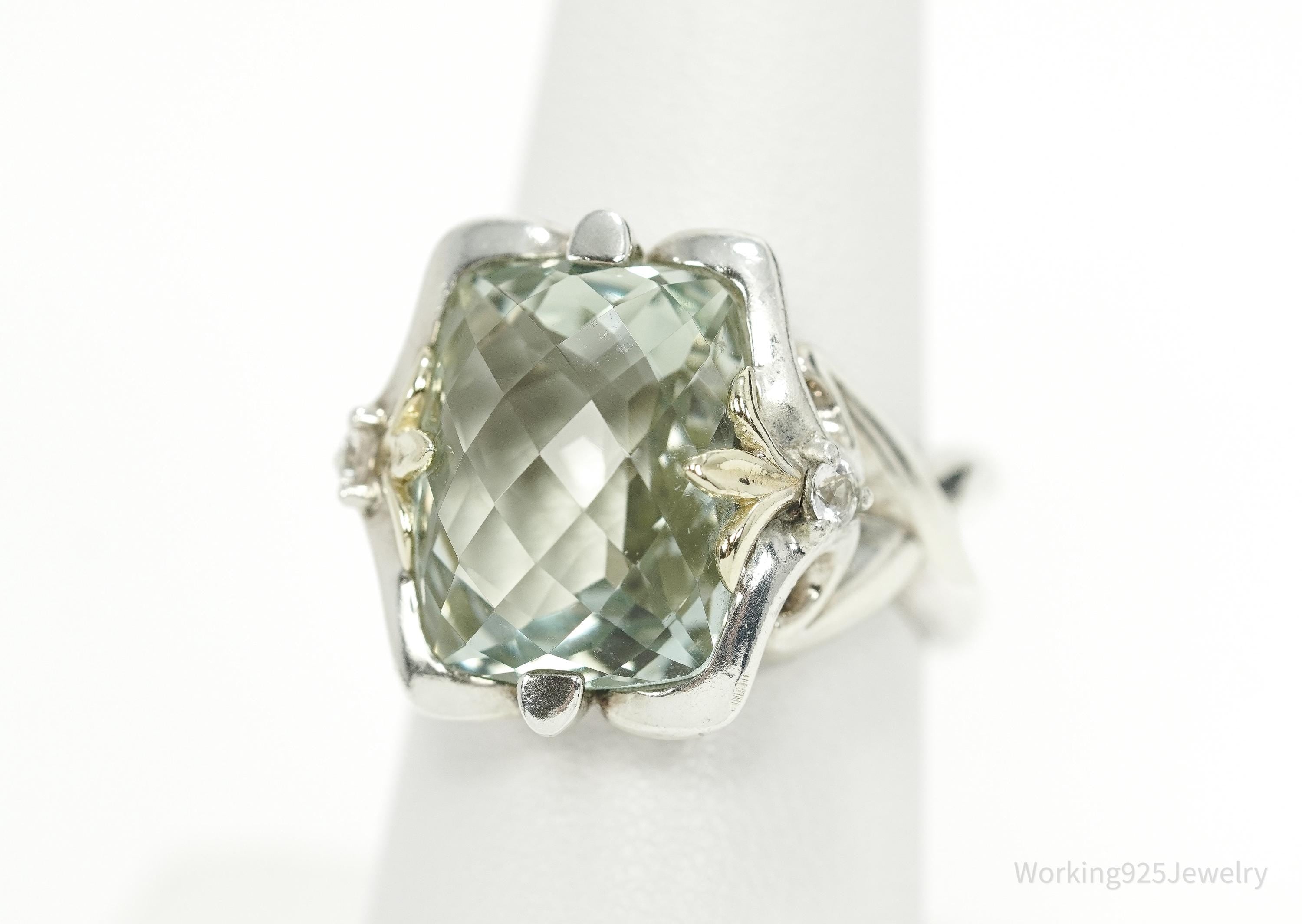 Retired Ann King Prasiolite & White Zircon 18K Gold Sterling Silver Ring Size 7