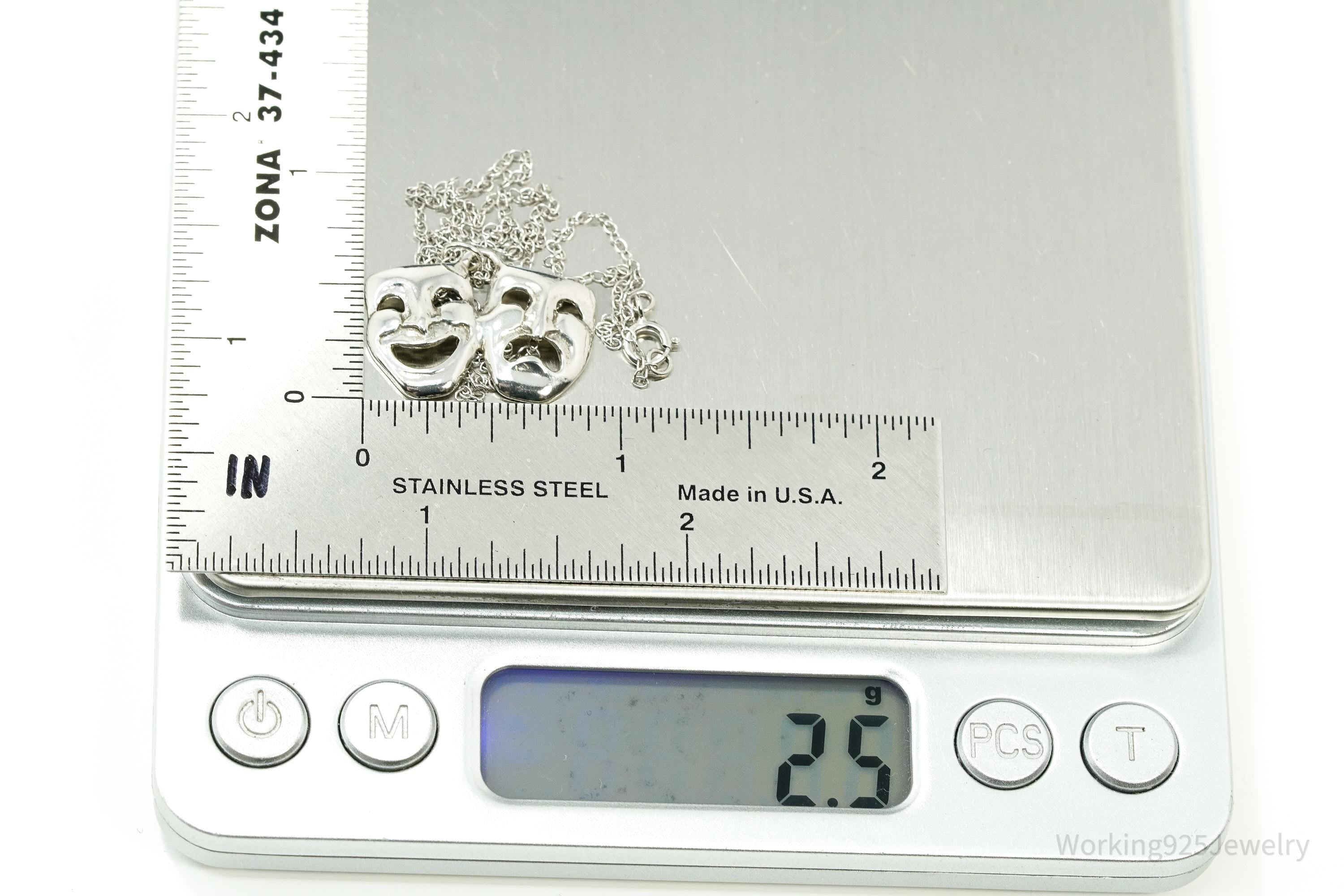 Vintage Tragedy Comedy Masks Sterling Silver Necklace 18"