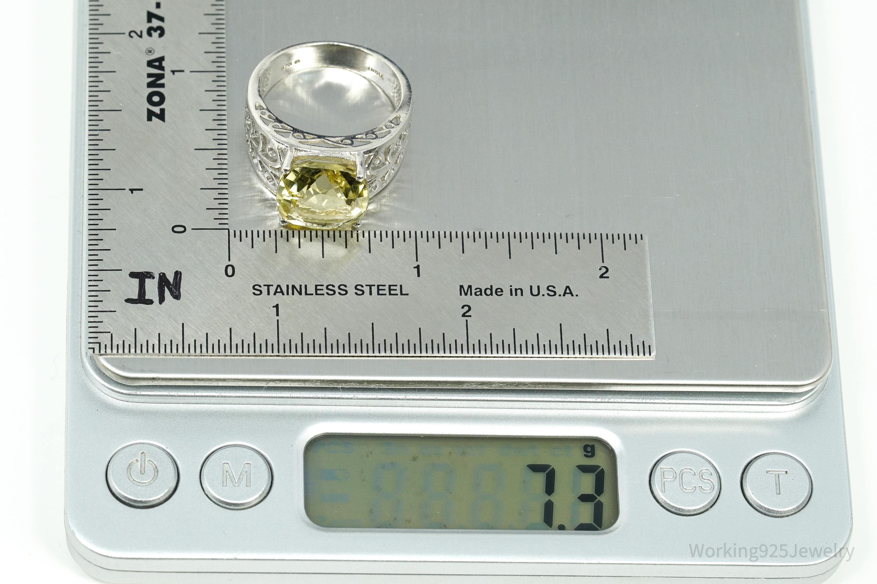 Vintage Large Lemon Citrine Sterling Silver Ring - Size 9