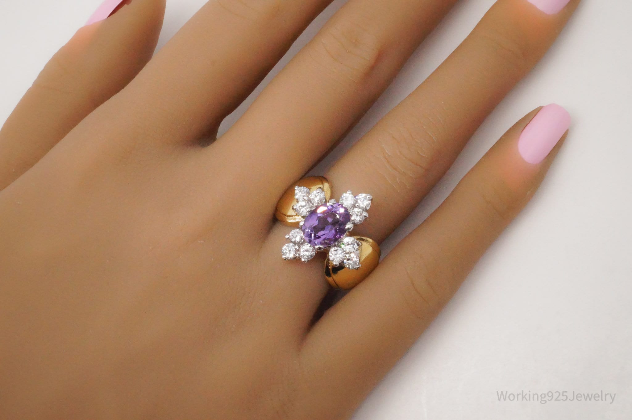 Vintage Amethyst Cubic Zirconia Gold Vermeil Sterling Silver Ring Size 7