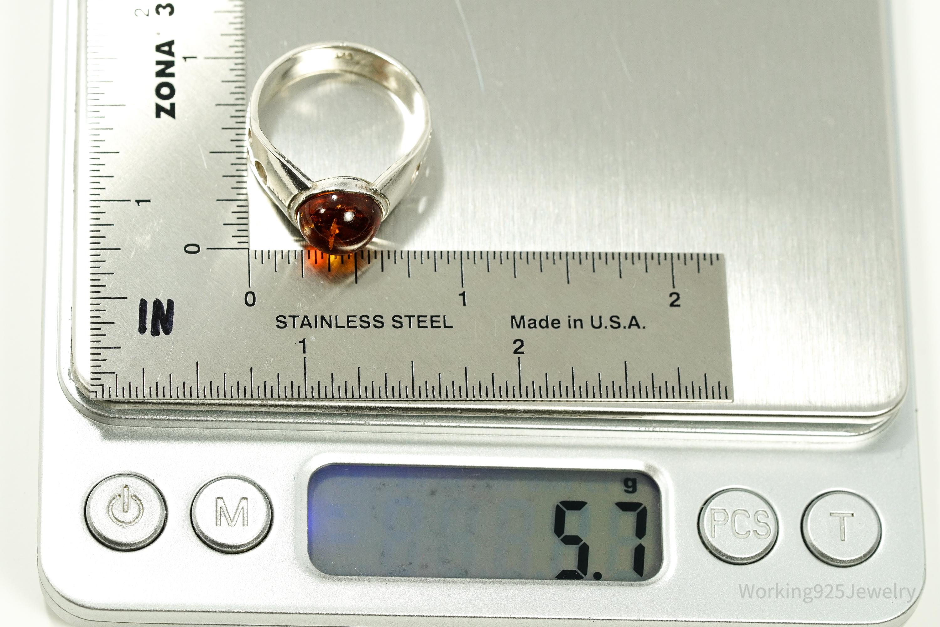 Vintage Amber Modernist Style Sterling Silver Ring - Size 10