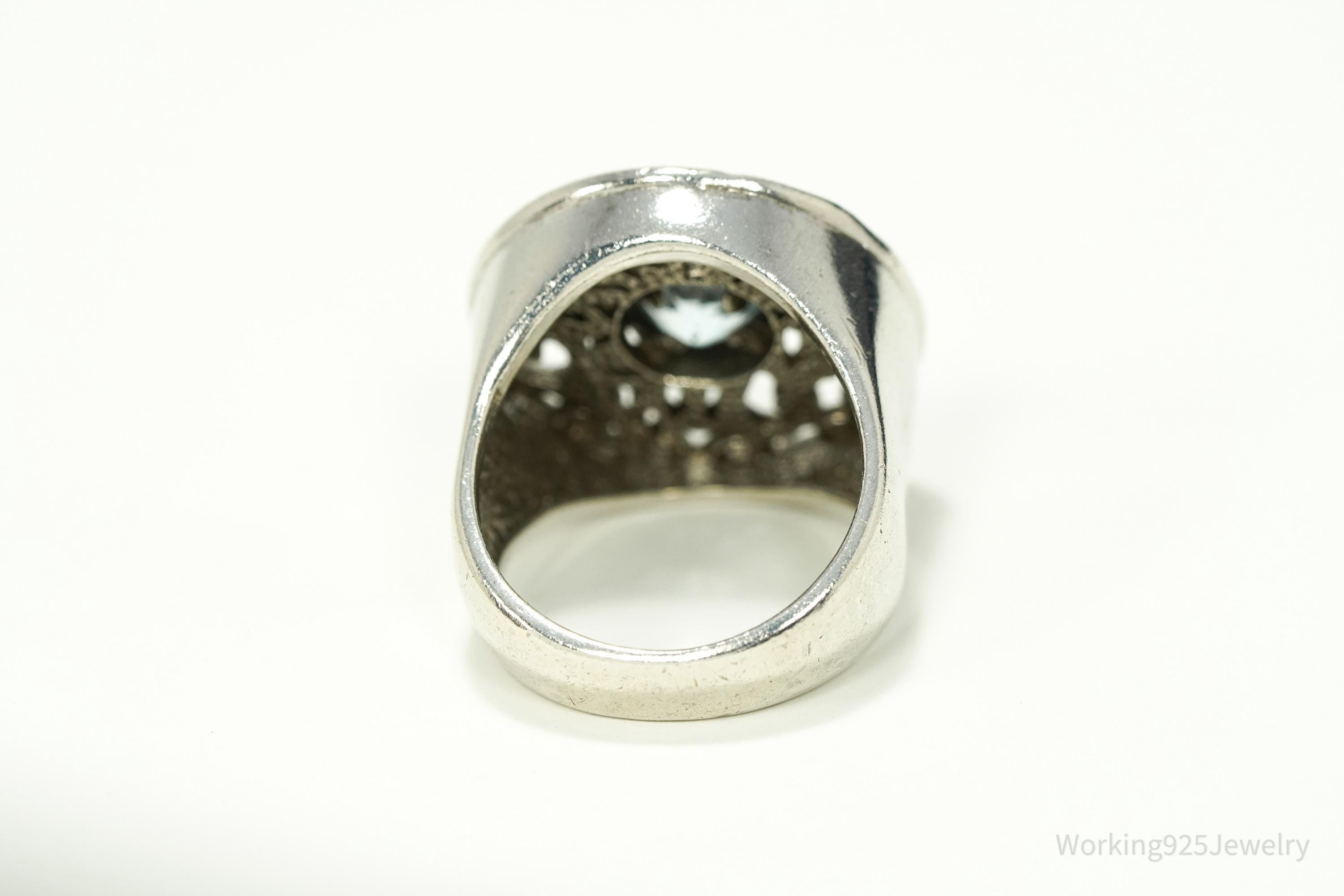 Vintage Blue Topaz Filigree Sterling Silver Ring - Size 7
