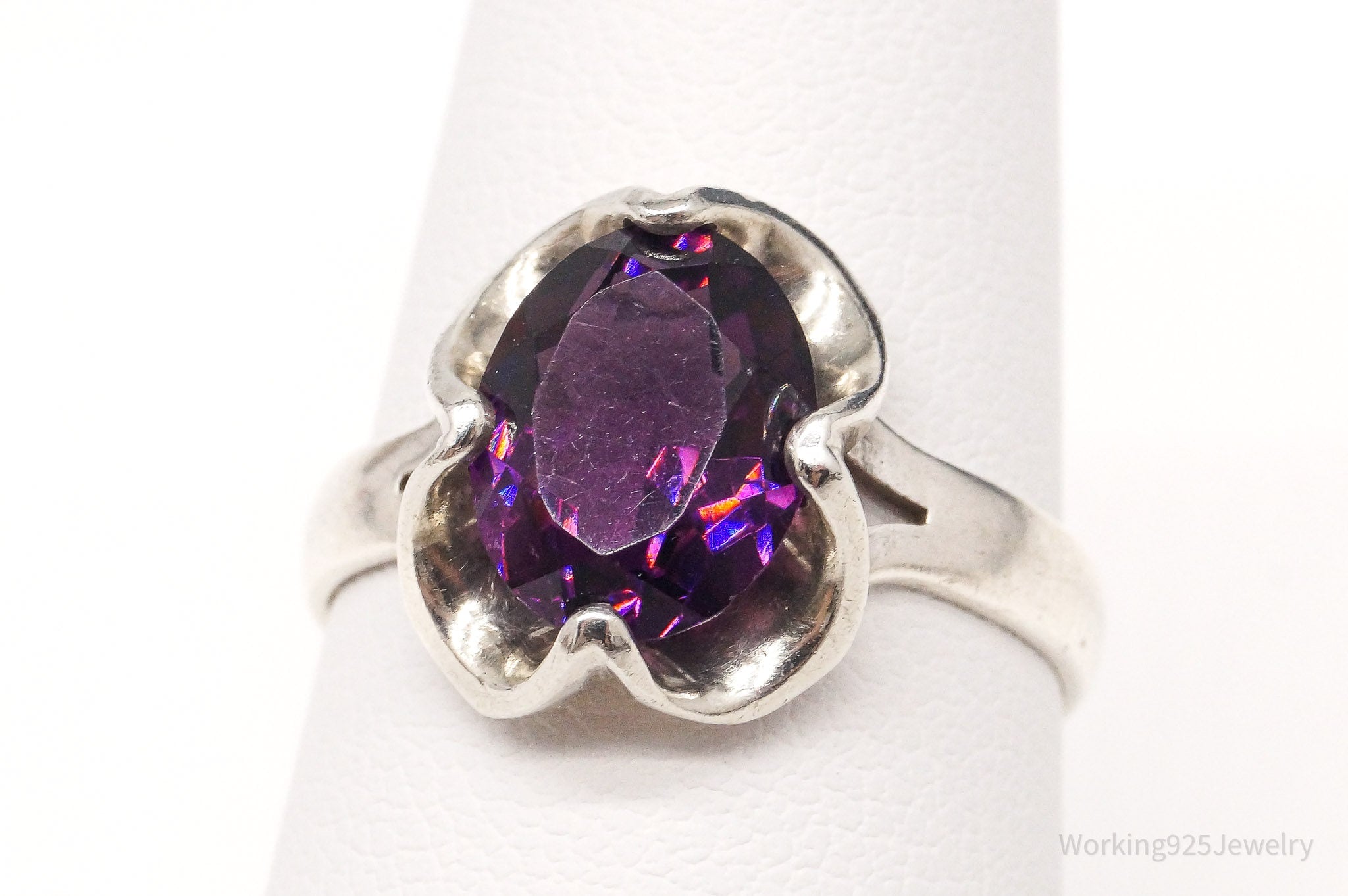 Vintage Mexico Sleek Purple Glass Stone Sterling Silver Ring - Size 8.25