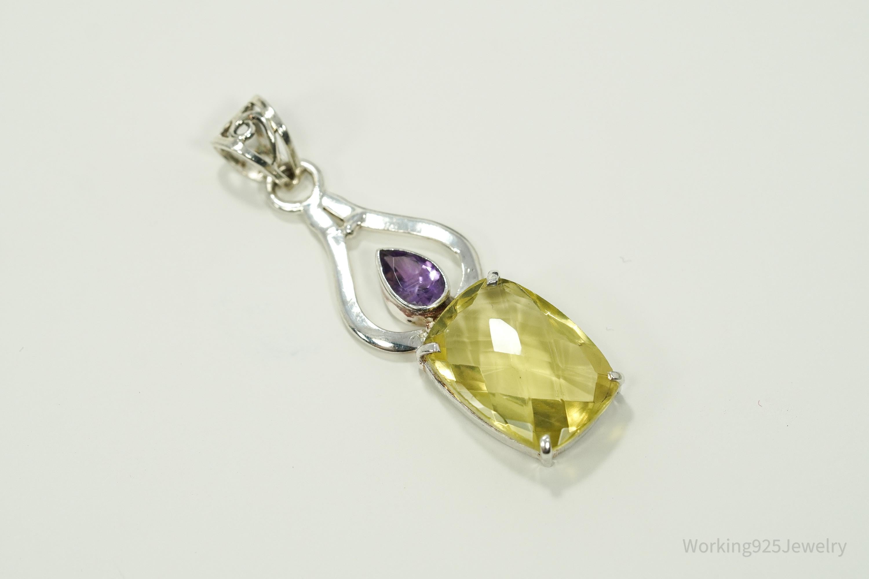 Vintage Lemon Quartz & Amethyst Sterling Silver Pendant