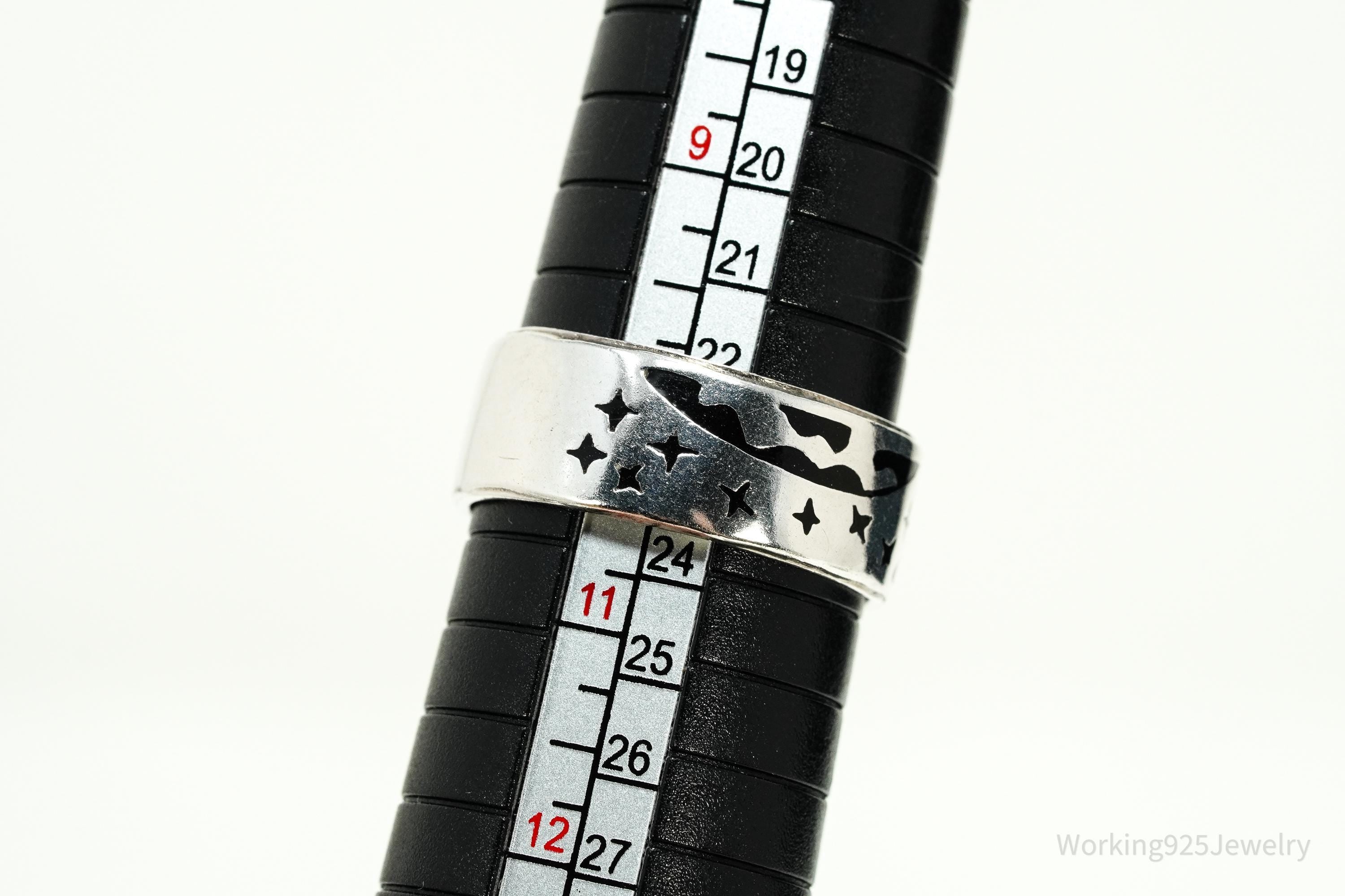 Vintage Earth & Stars Enamel Sterling Silver Band Ring - Size 10.5
