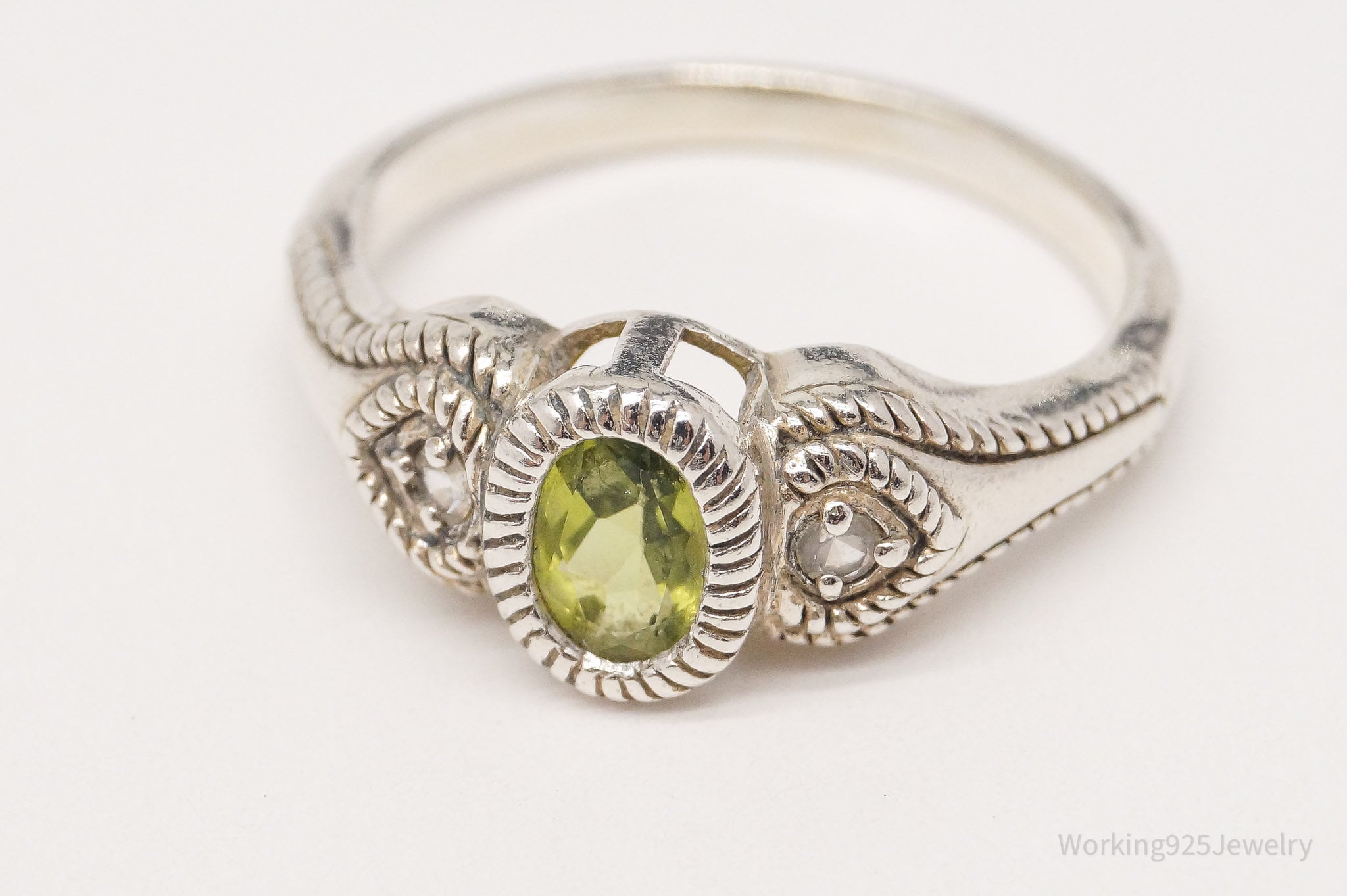 Vintage Designer Peridot & White Topaz Sterling Silver Ring - Size 8.75