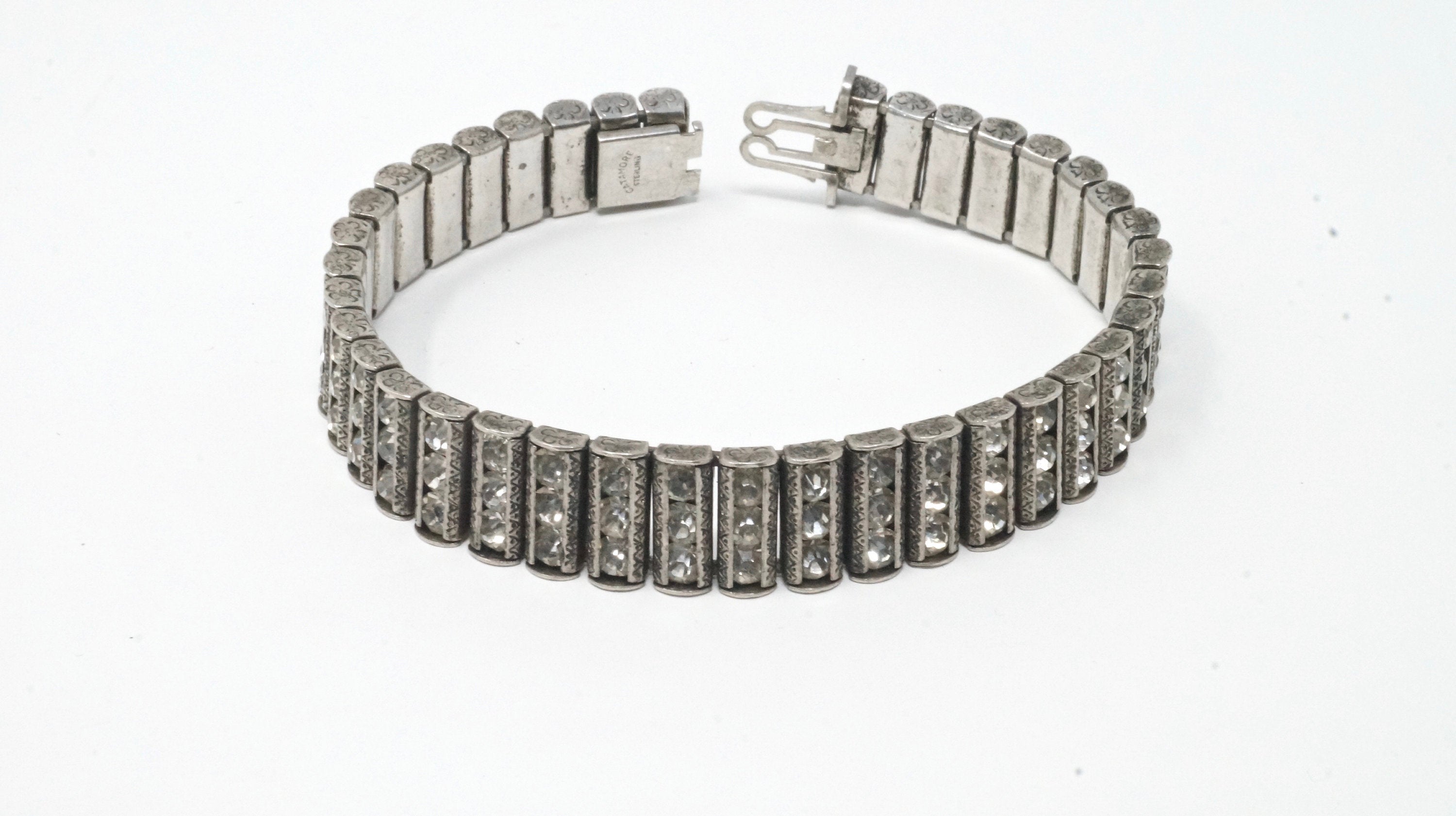 Vtg Designer Catamore 1940s Sterling Silver Rhinestone Art Deco Channel Bracelet