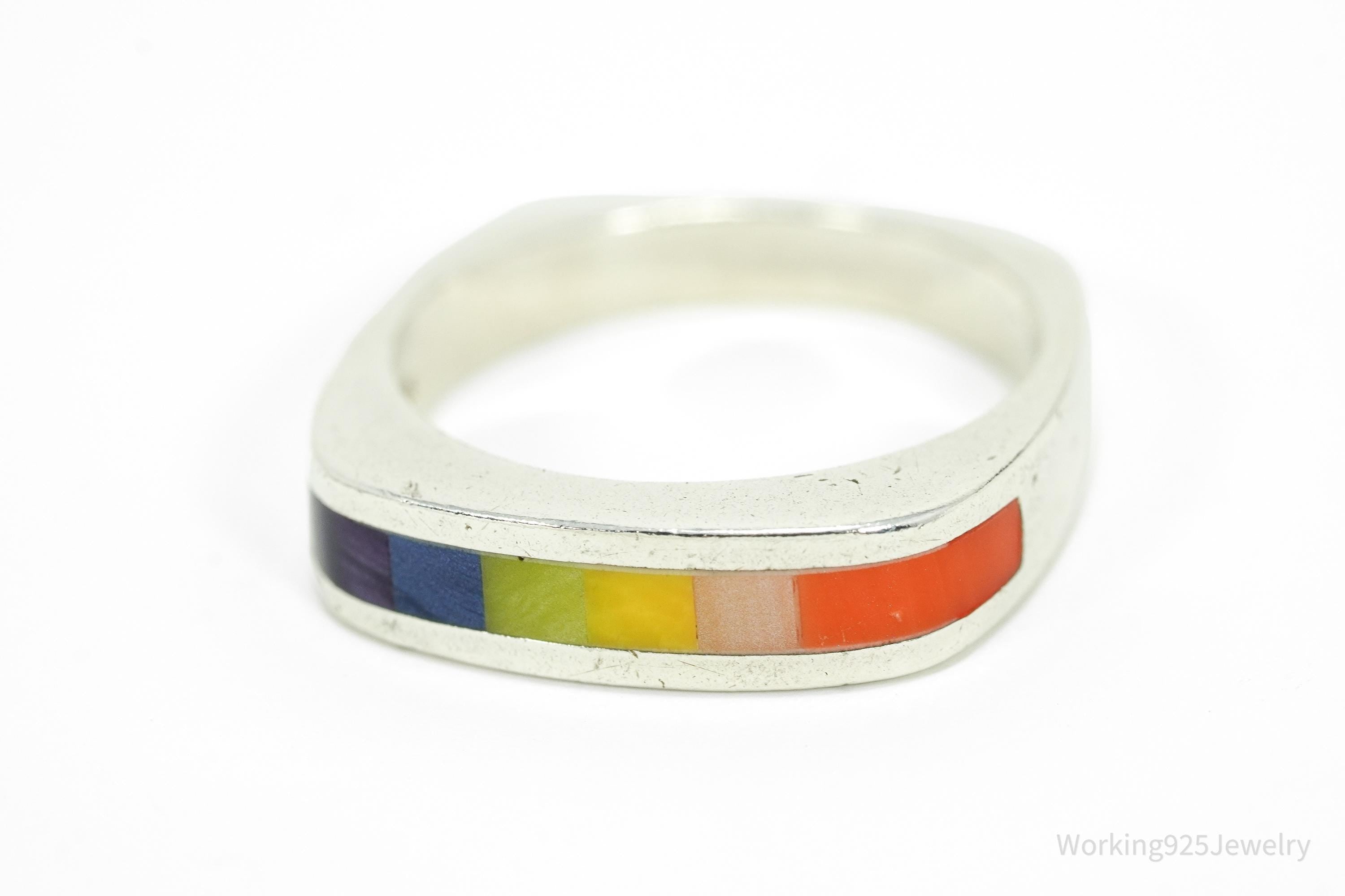 Vintage Rainbow Enamel Inlay Sterling Silver Ring Size 6