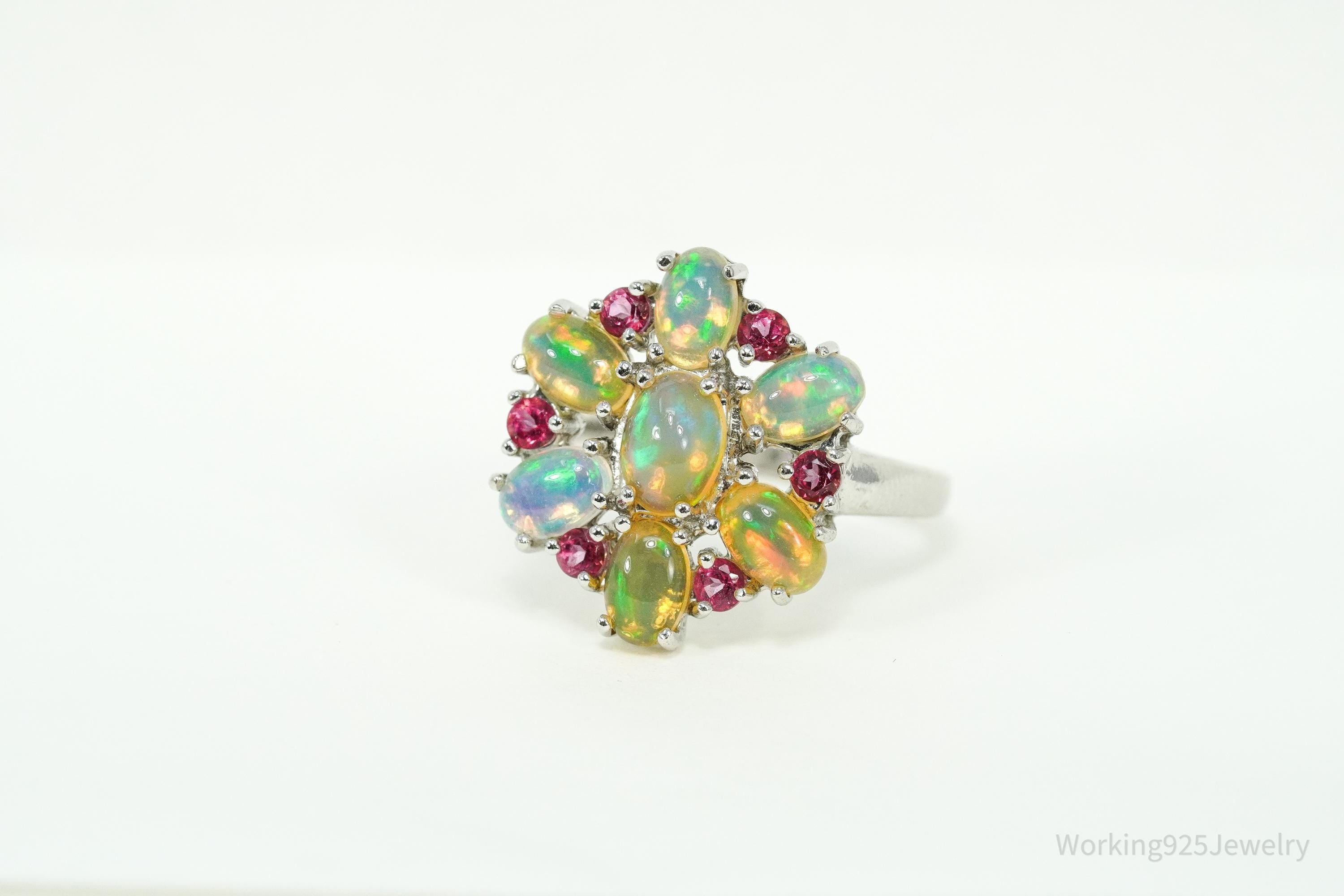 Vintage Opal & Pink Topaz Sterling Silver Ring - Size 9
