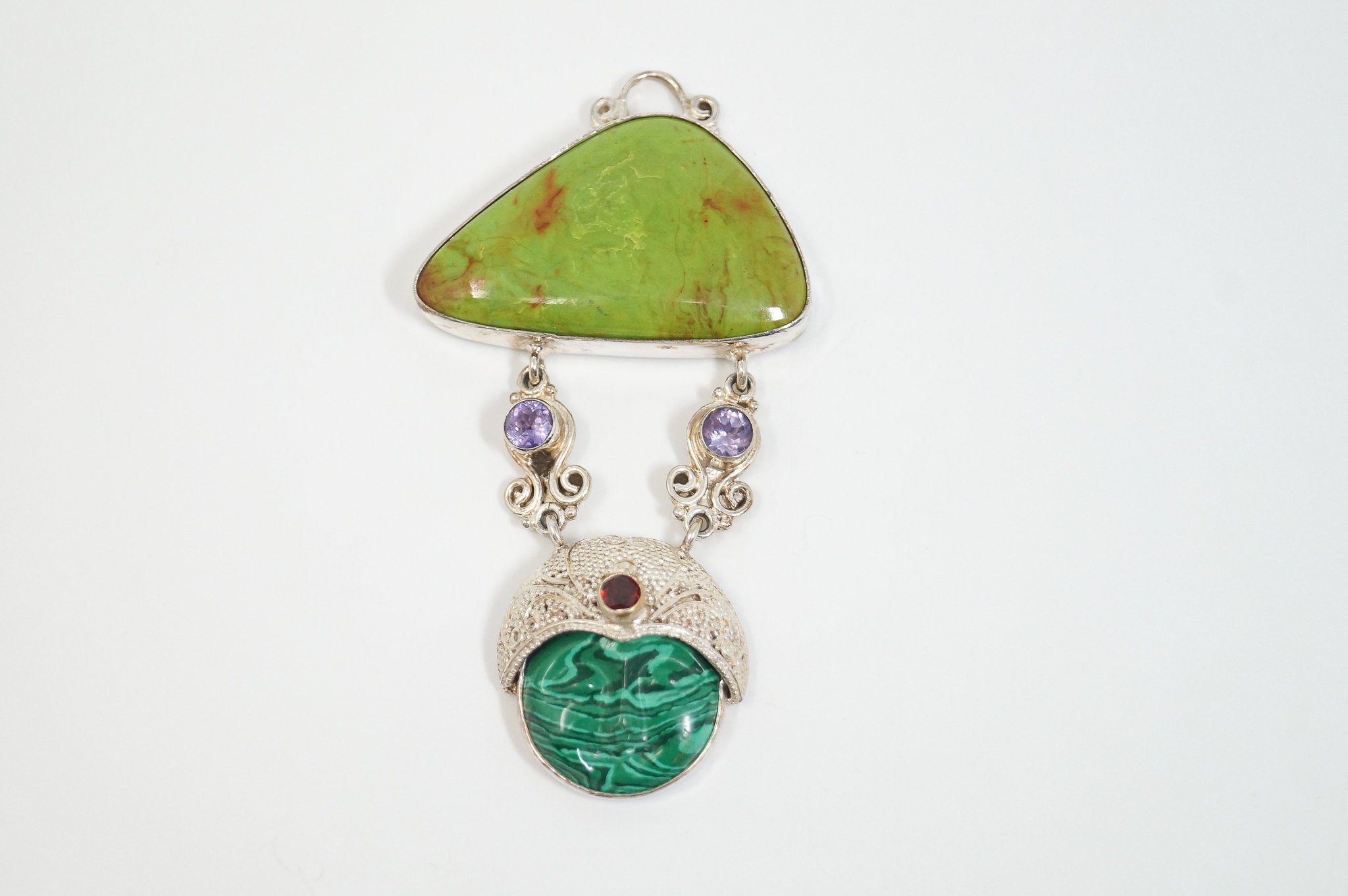 Vintage Turquoise Amethyst Malachite Garnet Sterling Silver Moon Face Pendant