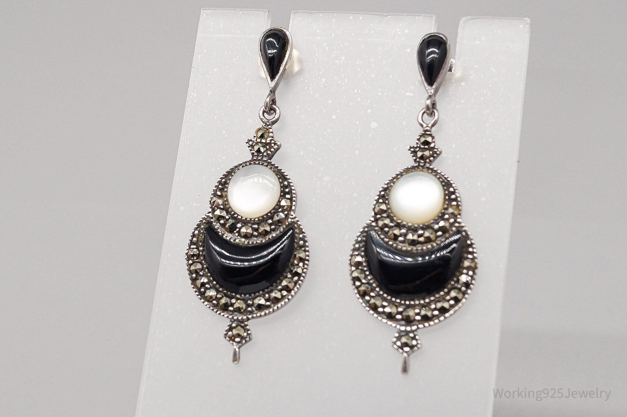 Vintage Mother Of Pearl Black Onyx Marcasite Sterling Silver Earrings