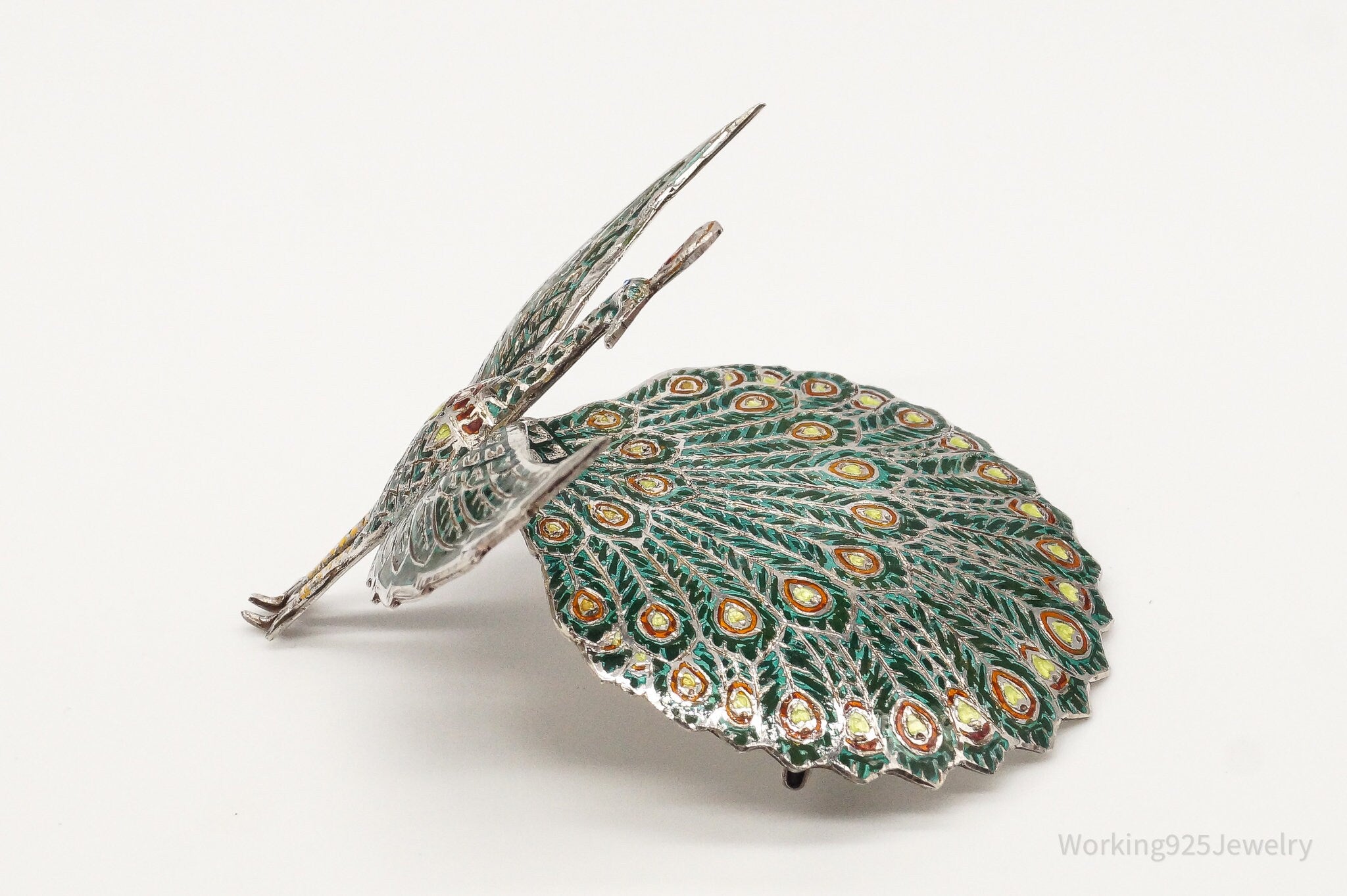 Vintage SIAM Enamel Peacock Silver Brooch Pin