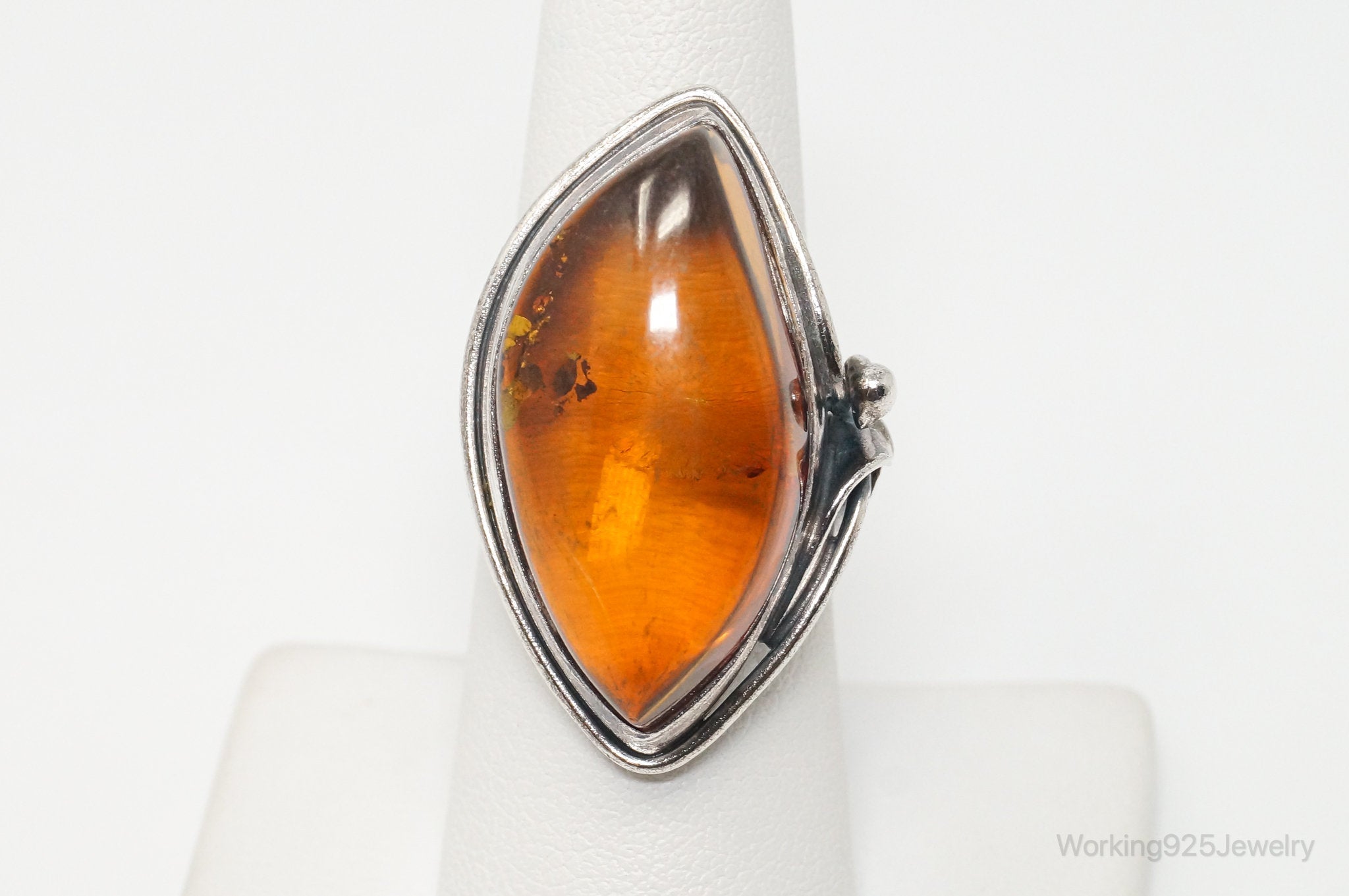 Vintage Large Honey Baltic Amber Sterling Silver Ring Size 6.75