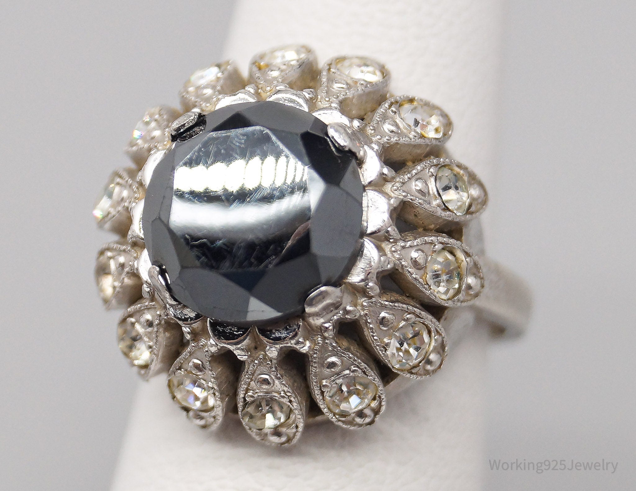 Antique Clark & Coombs Hematite Rhinestone Sterling Silver Ring - Size 5.25