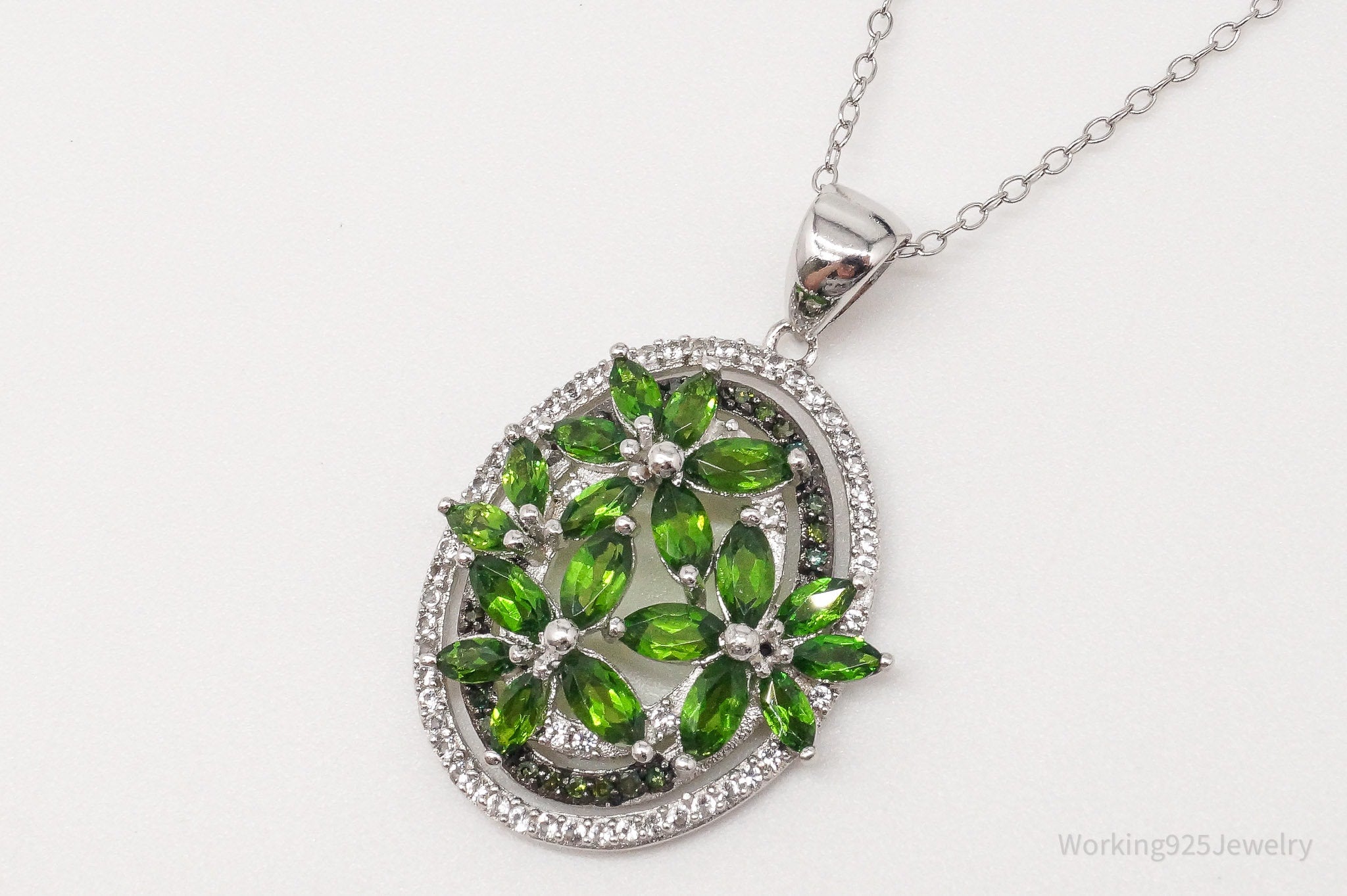 Emerald White Topaz Green Diamond Rhodium Over Sterling Silver Necklace 20"