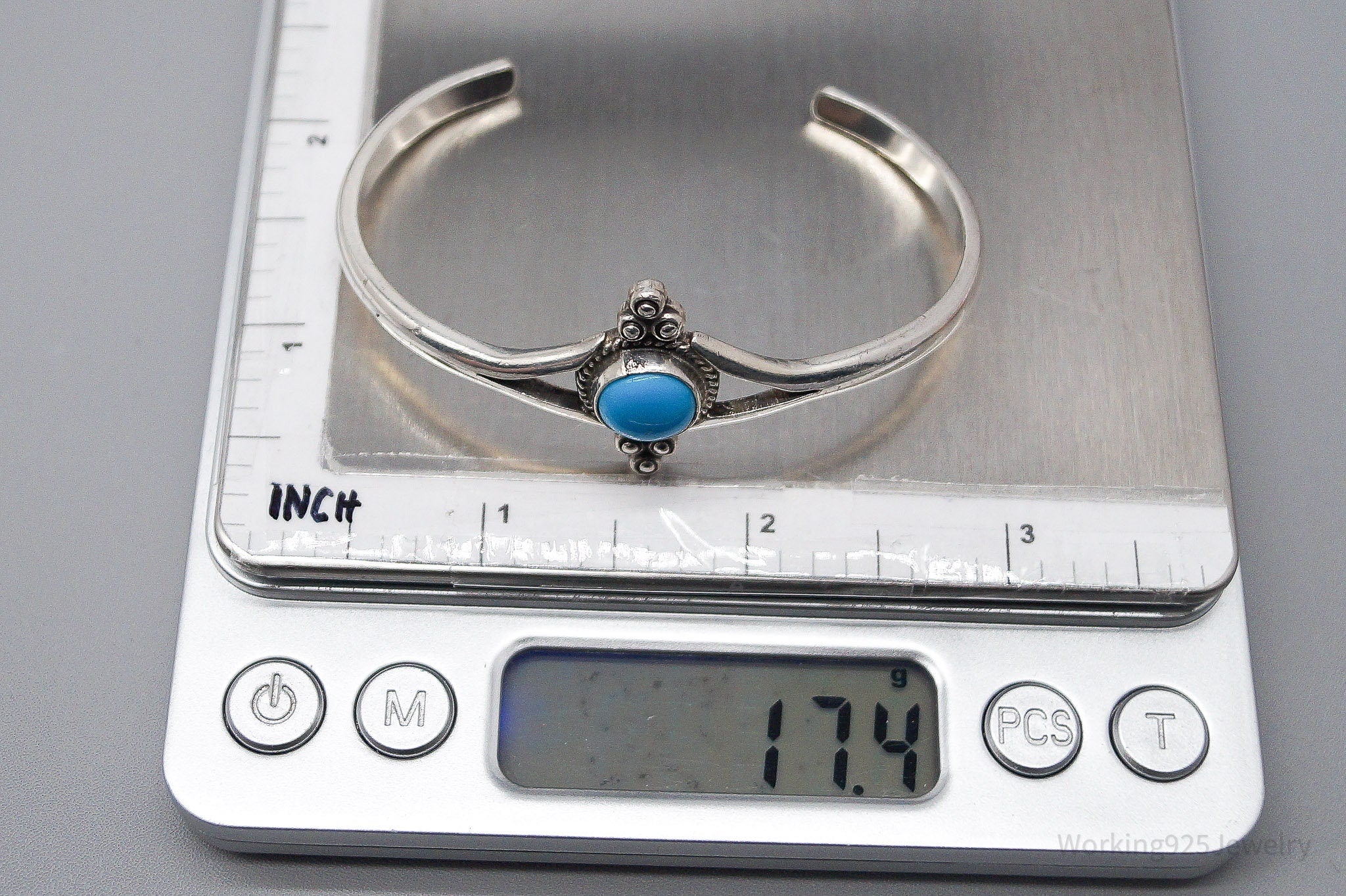 Vintage Mexico Blue Turquoise Sterling Silver Bracelet - 6 3/8"