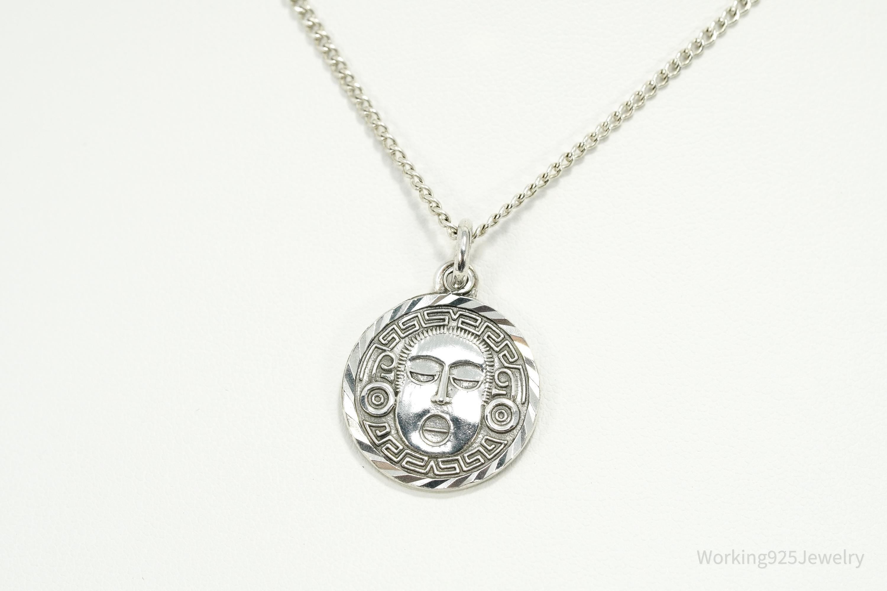 Vintage Mexico Mayan Medallion God 950 Silver Necklace 18"