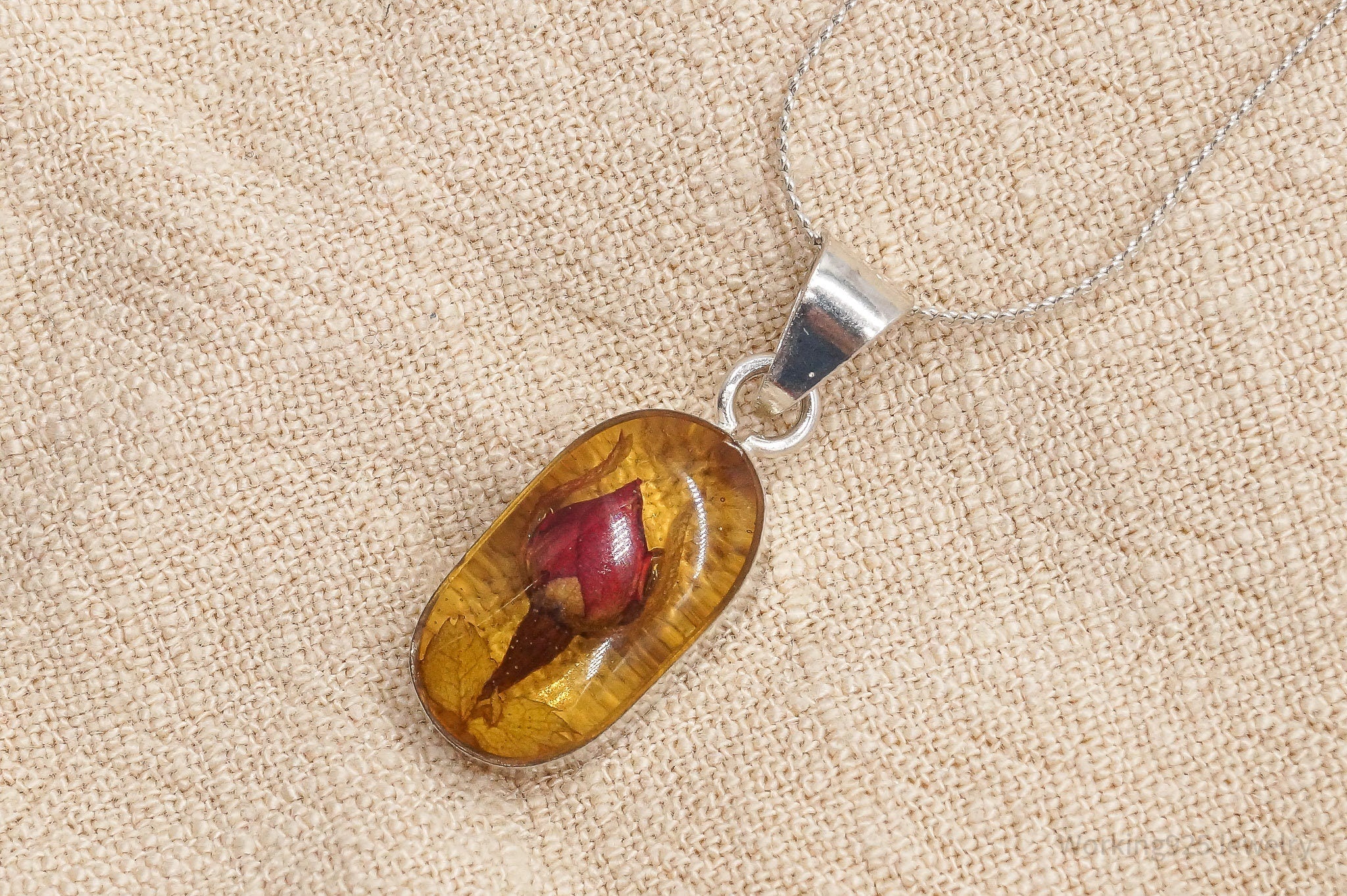 Vintage Resin Dried Flower Sterling Silver Necklace 16"