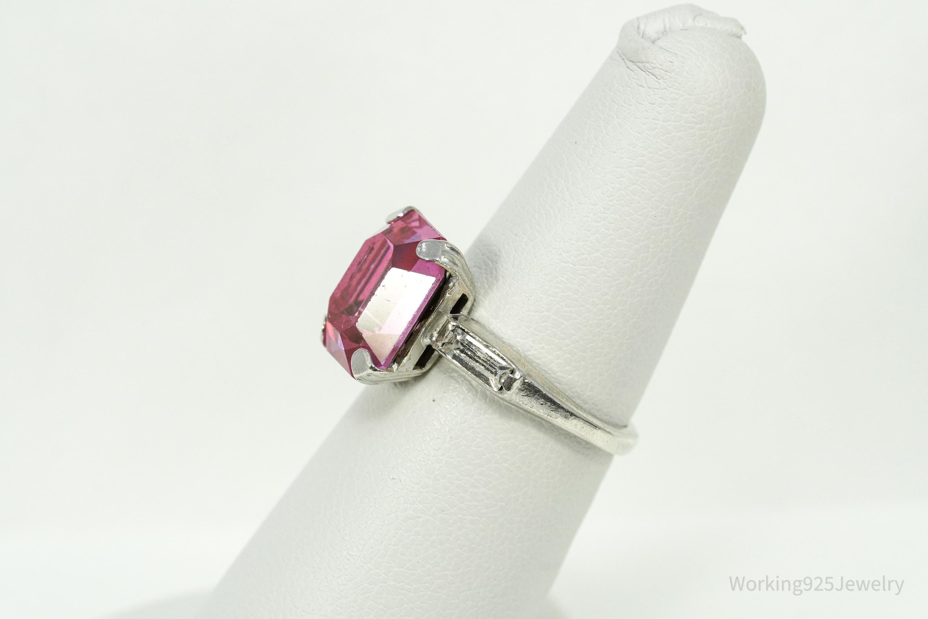 Mid Century Uncas MFG Co Pink & White Stones Sterling Silver Ring - Size 6.5