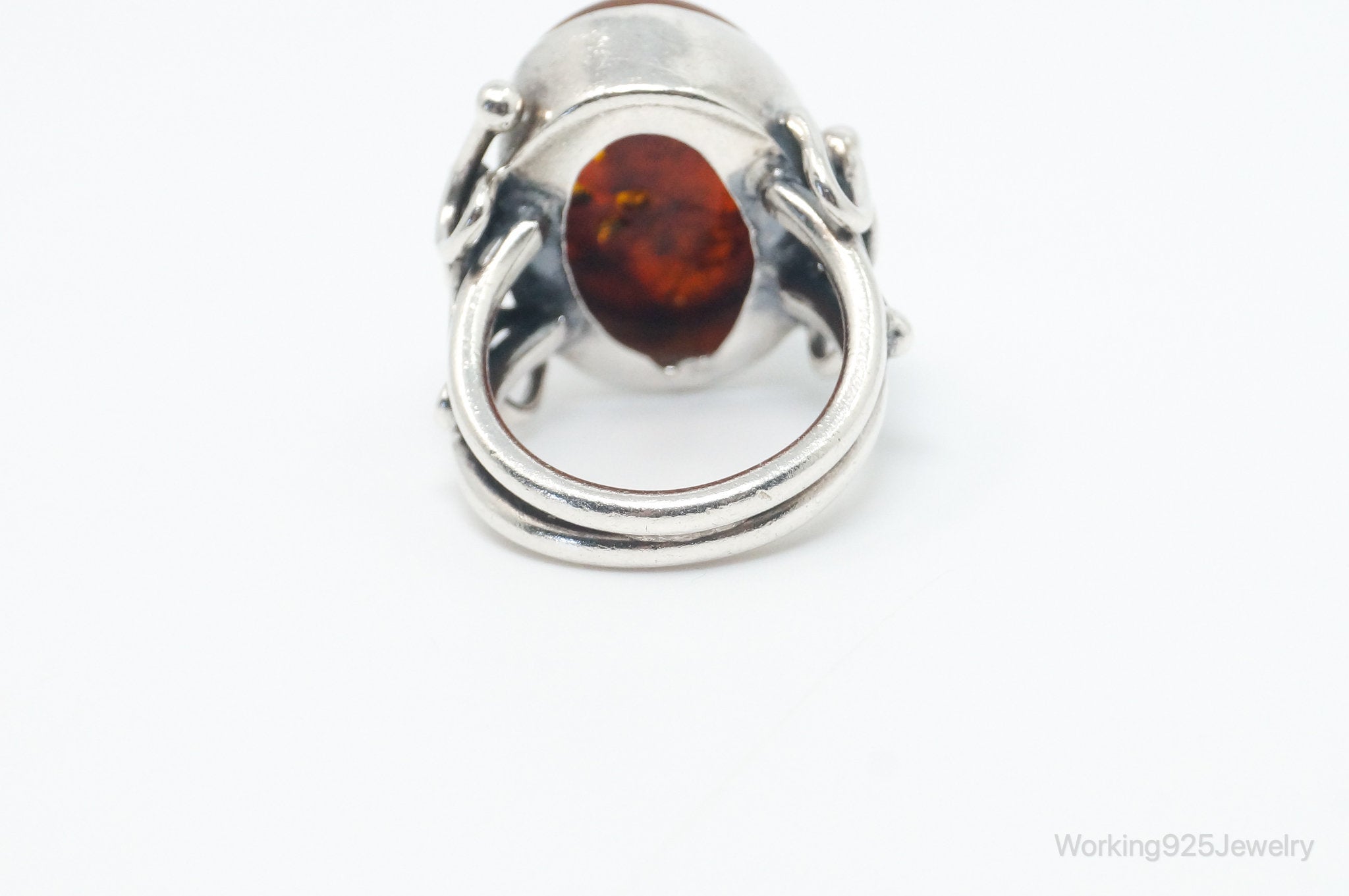 Vintage Large Baltic Amber Modern Sterling Silver Ring - Size 6.25