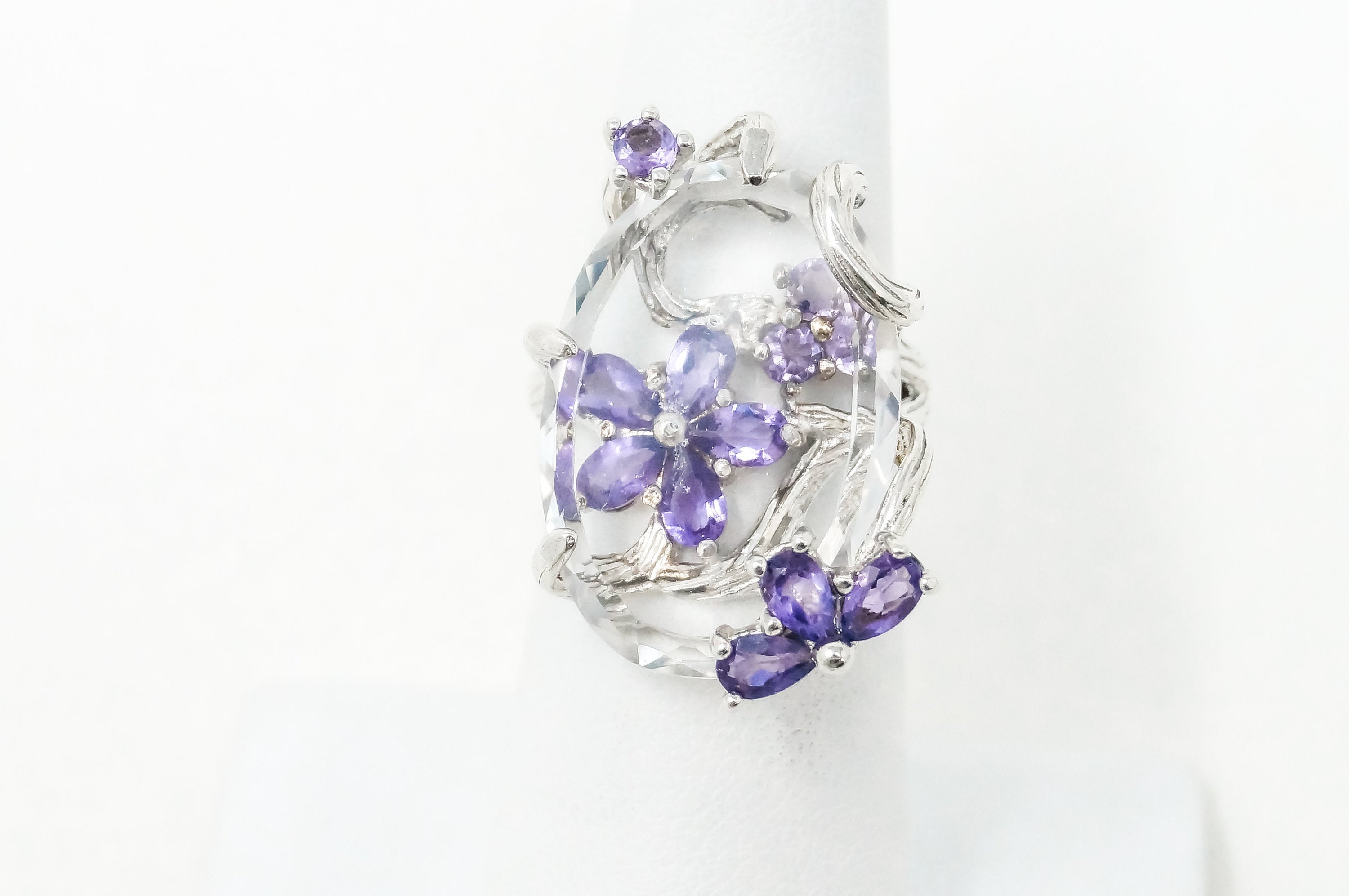 Vintage Large Glass Amethyst Flower Branch Floral Sterling Silver Ring - Sz 6