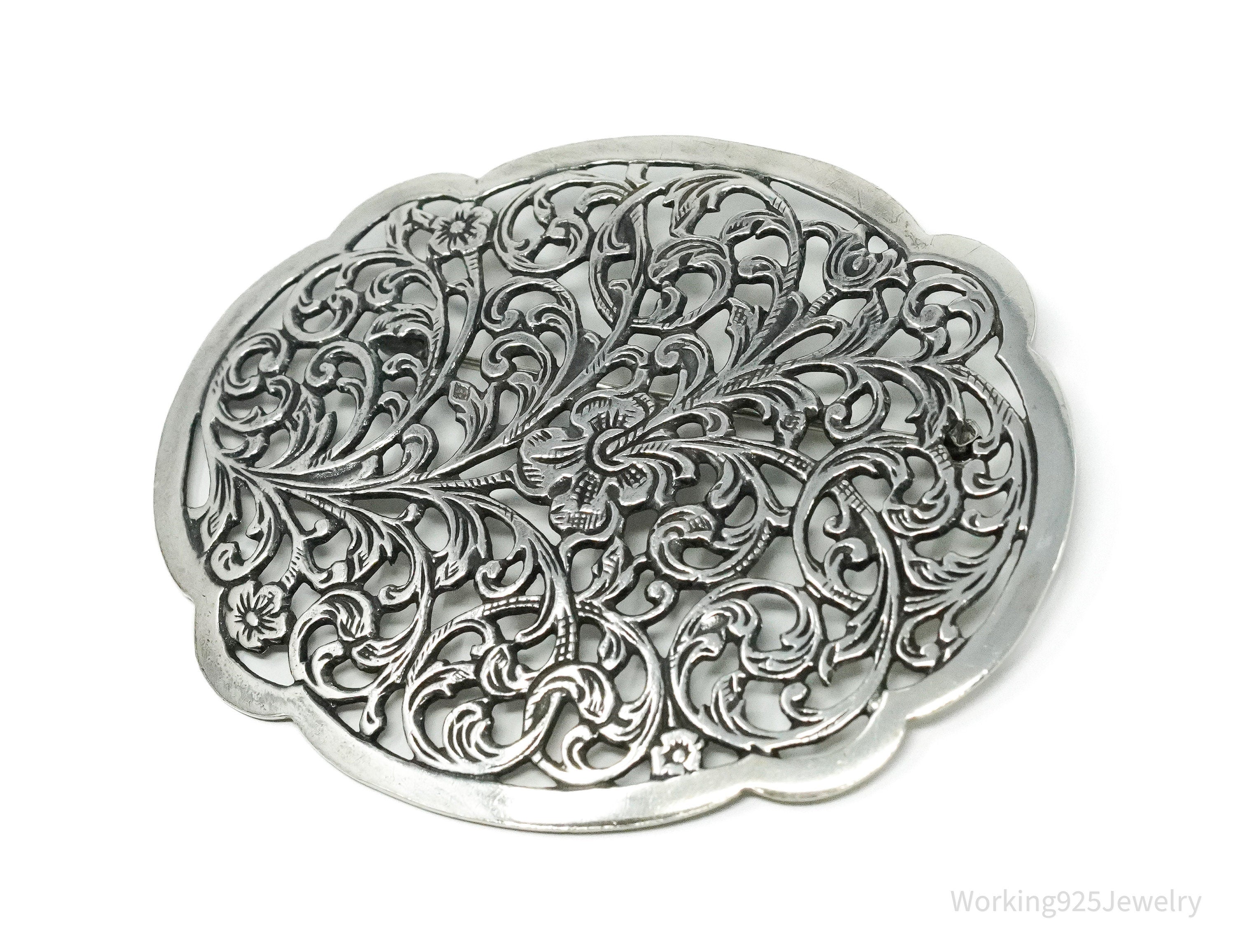 Large Vintage Floral Sterling Silver Brooch Pin 2"