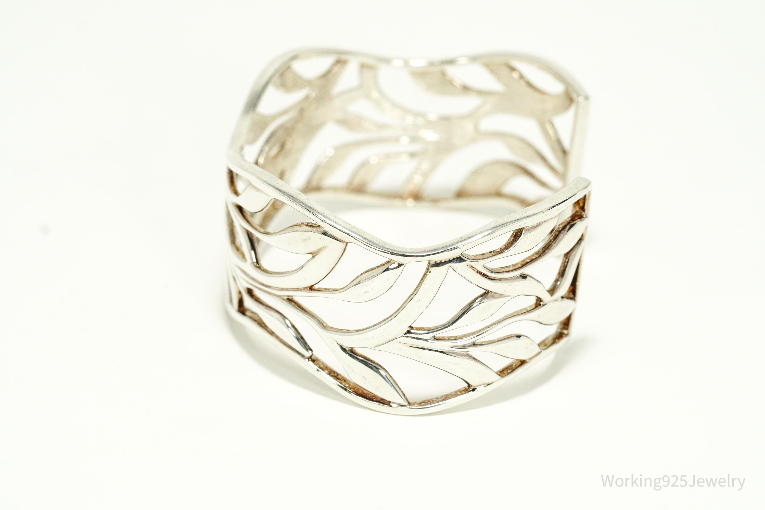 Vintage Leaf Pattern Sterling Silver Cuff Bracelet 6 7/8"