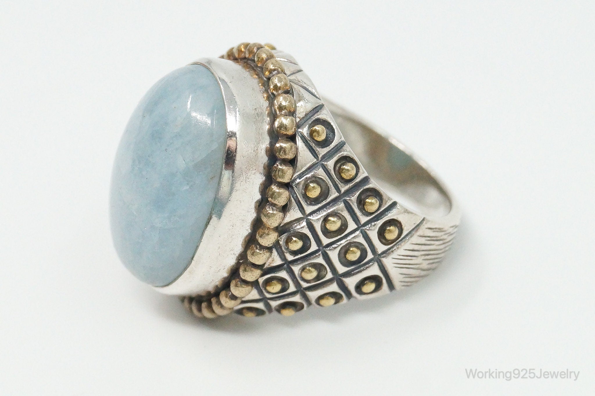 Vintage Large Blue Beryl Sterling Silver Brass Ring - Size 10