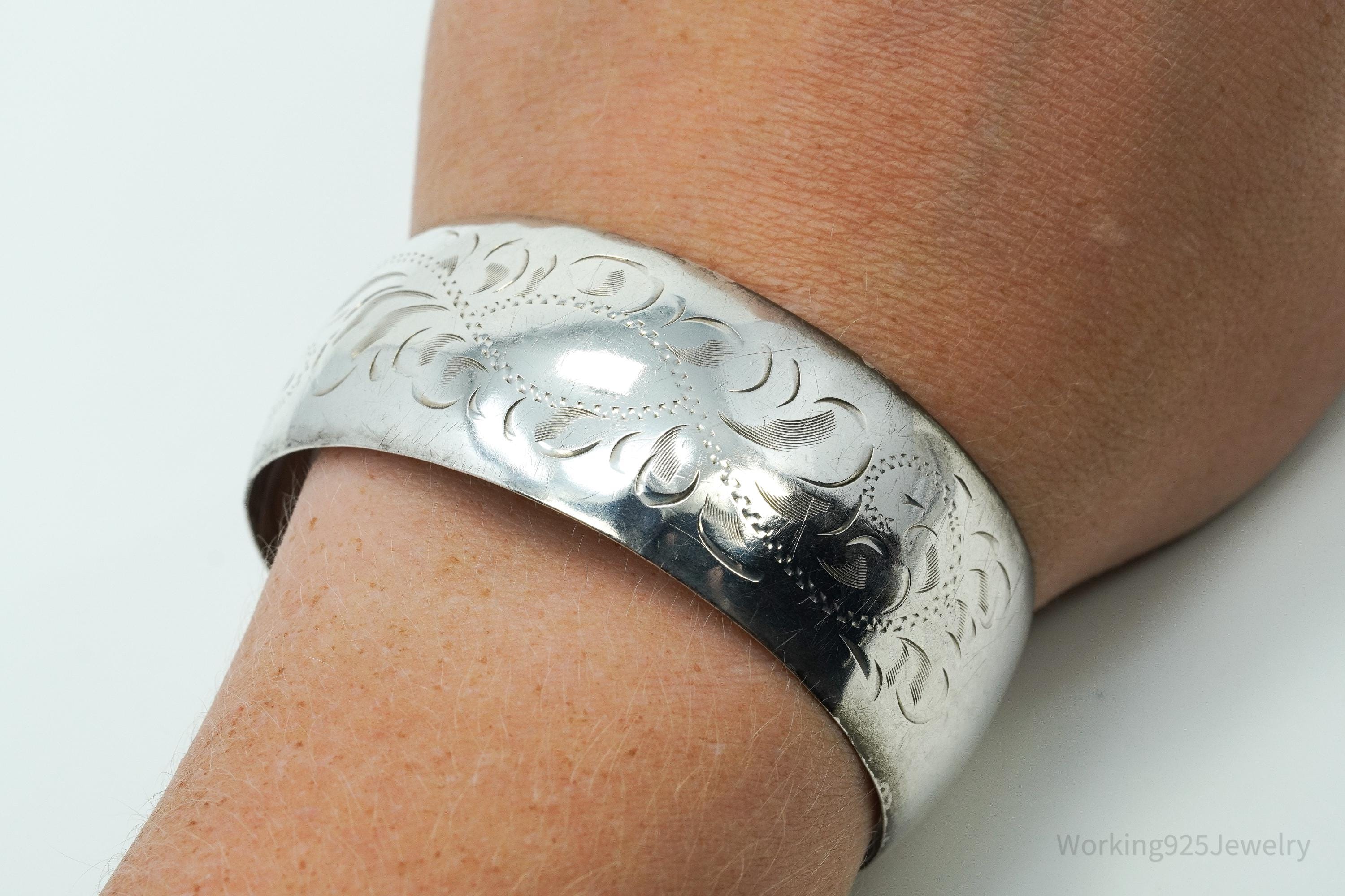 Antique Art Nouveau Floral Etched Sterling Silver Cuff Bracelet 7.25"