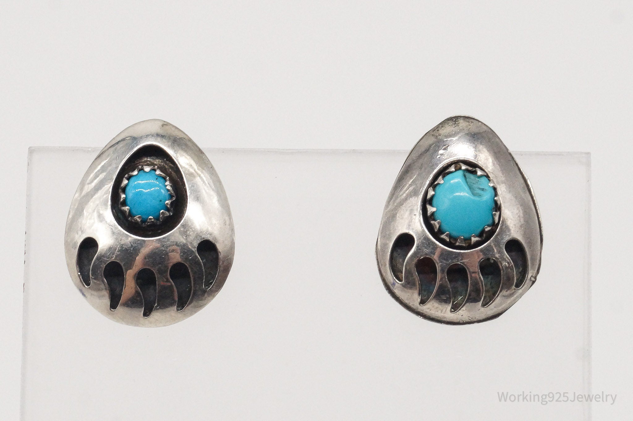 Vintage Native American Turquoise Bear Paw Print Silver Earrings