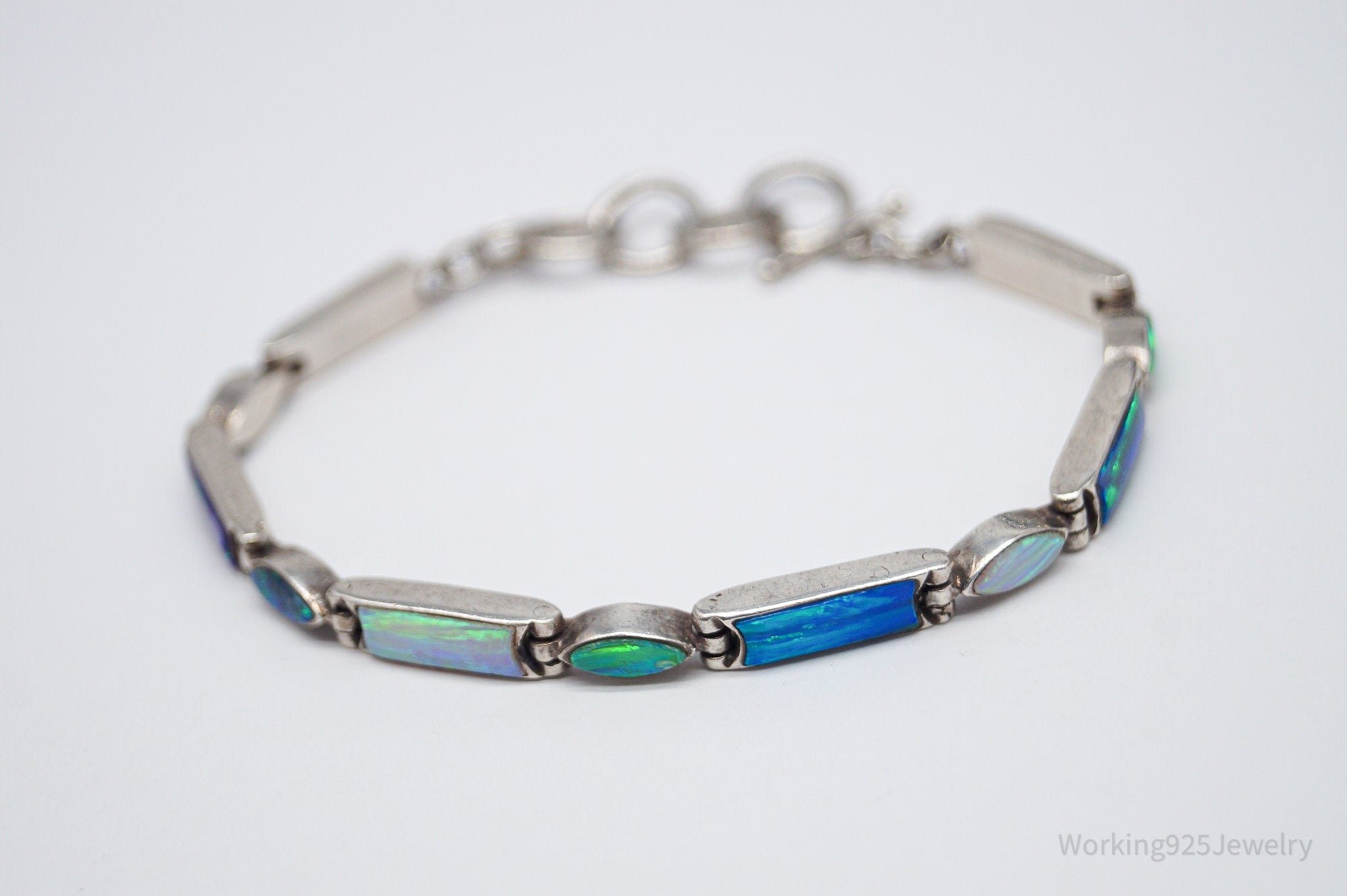 Vintage Opal Inlay Sterling Silver Bracelet - 7.5"