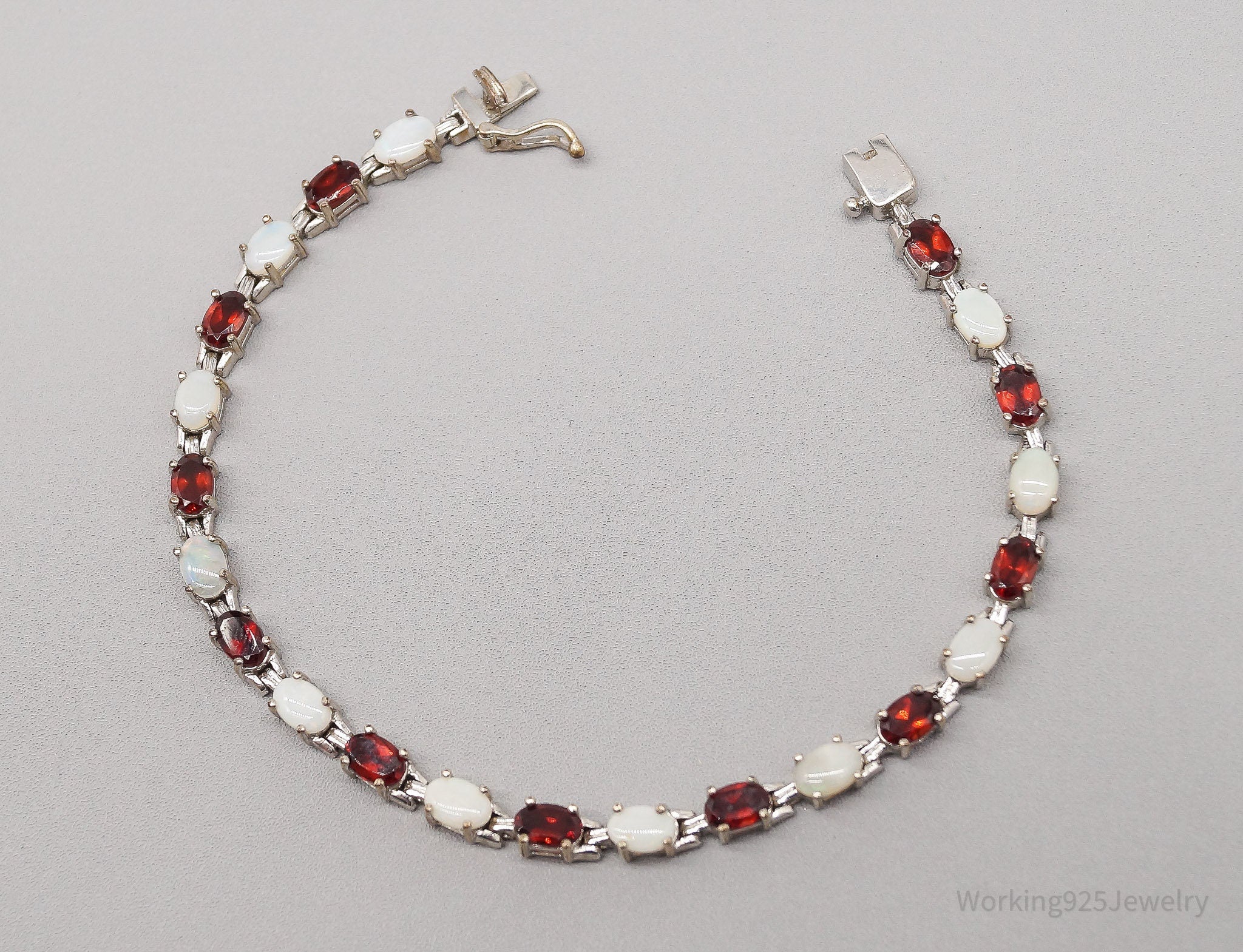 Vintage Garnet & Opal Sterling Silver Plated Bracelet 7 7/8"