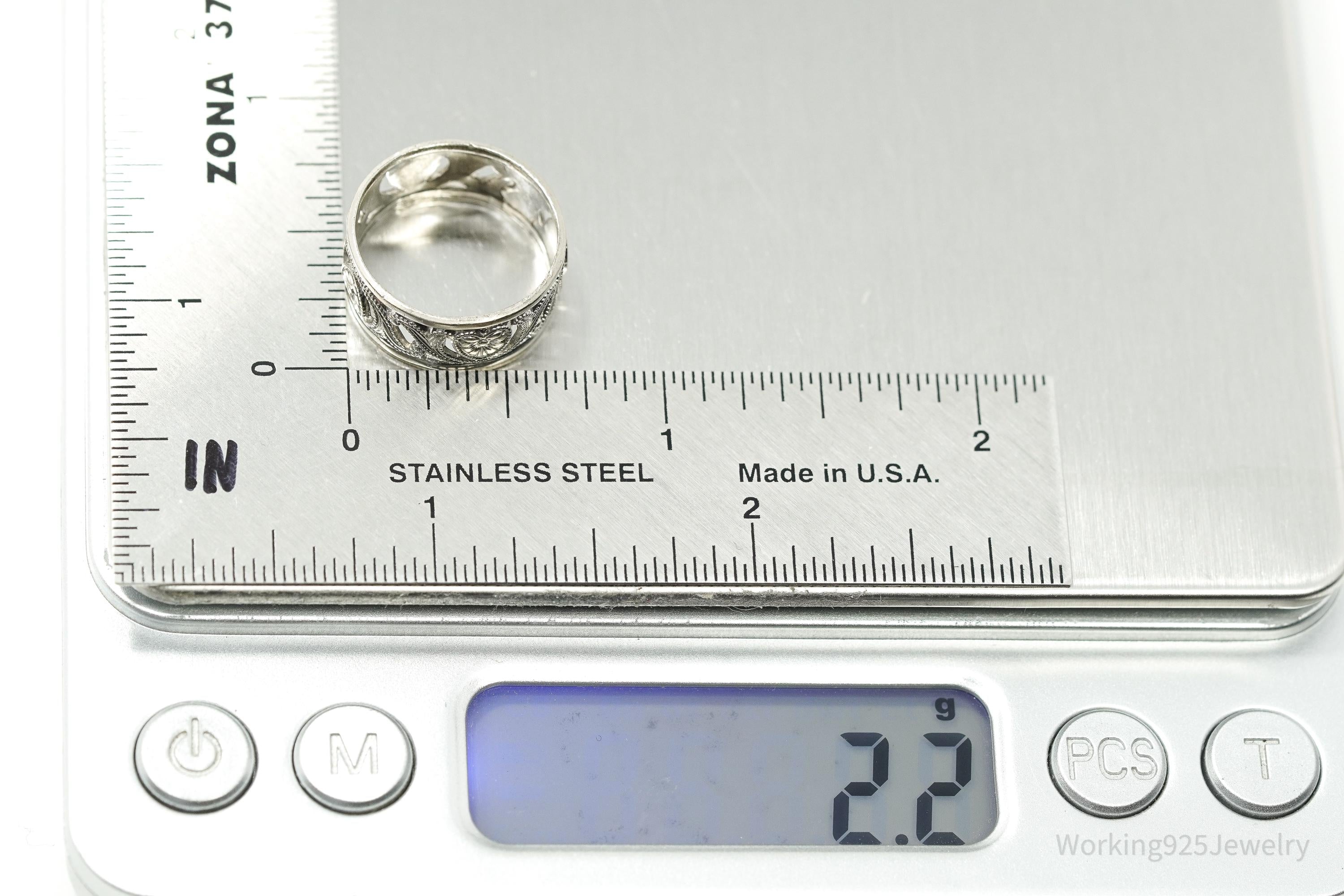 Antique Floral Hearts Patter Sterling Silver Band Ring - Size 5.25