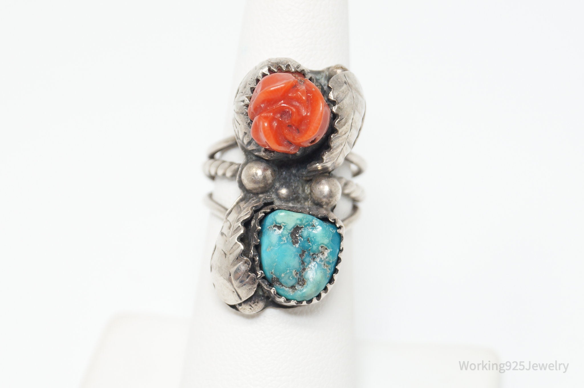 Vtg Handmade Native Turquoise AT Coral Turquoise Sterling Silver Ring Size 5.5