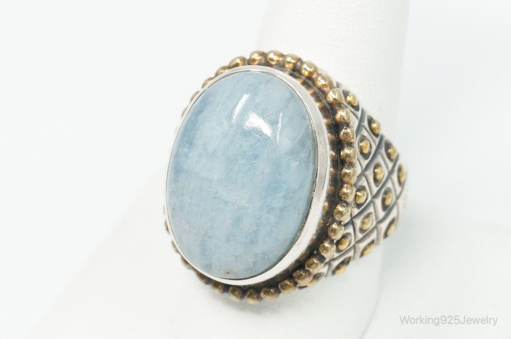 Vintage Large Blue Beryl Sterling Silver Brass Ring - Size 10