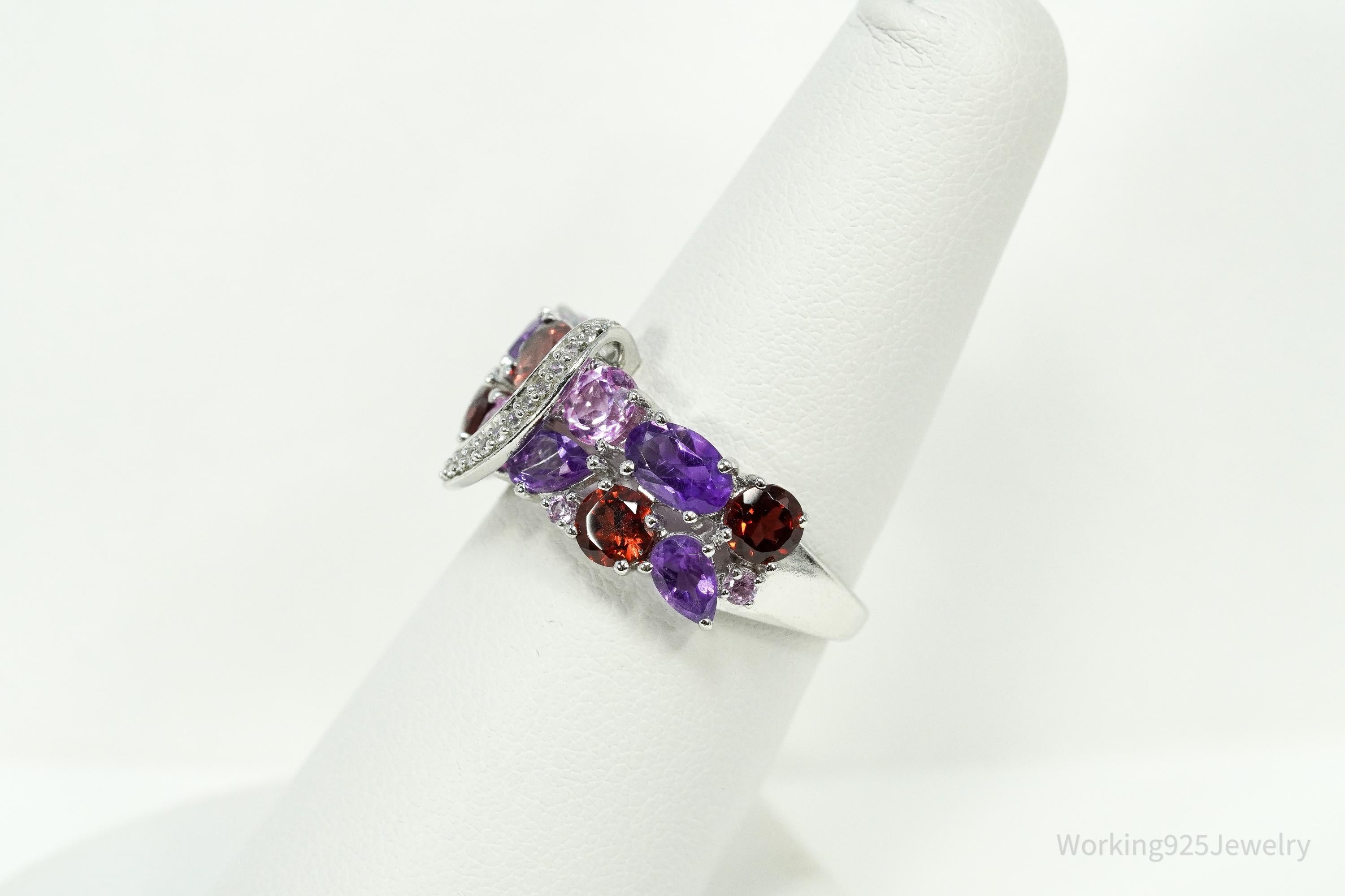Multi-Shape Garnet, Amethyst, Pink & White Sapphire Sterling Silver Ring Size 7
