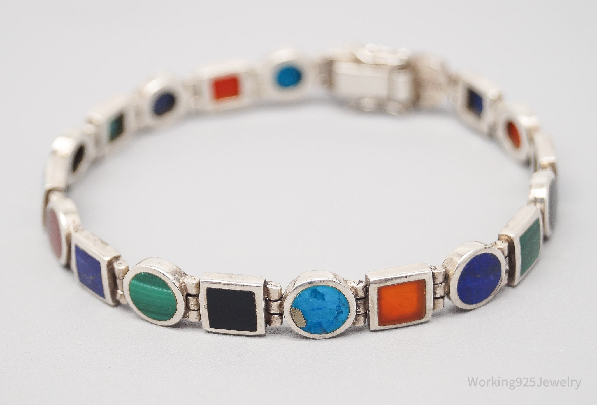 Vintage Multi Gemstone Inlay Sterling Silver Bracelet 8"