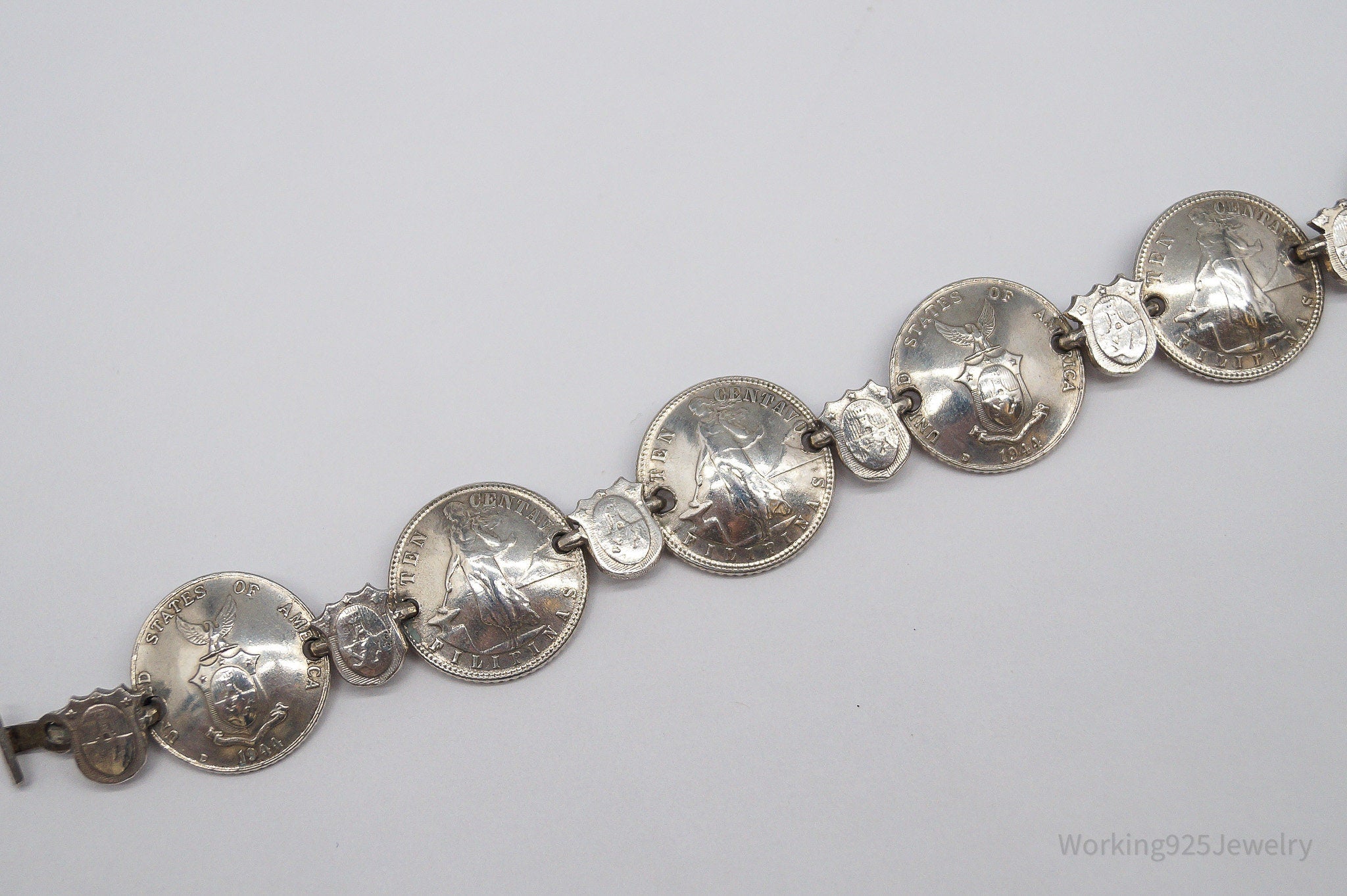 Vintage 1944 Philippines Centavos Silver Bracelet - 7 1/8"