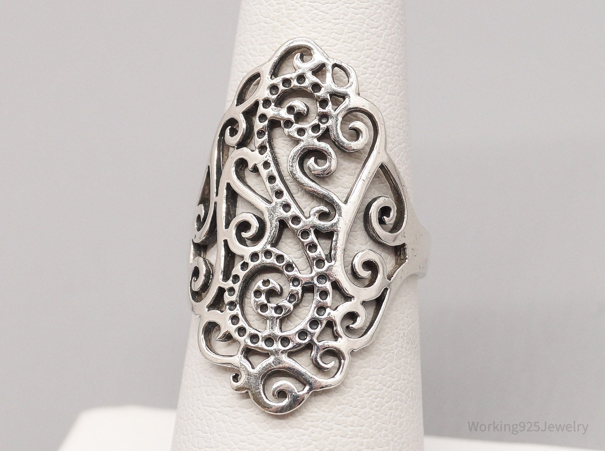 Vintage Long Scroll Swirls Filigree Sterling Silver Ring - Size 6.5