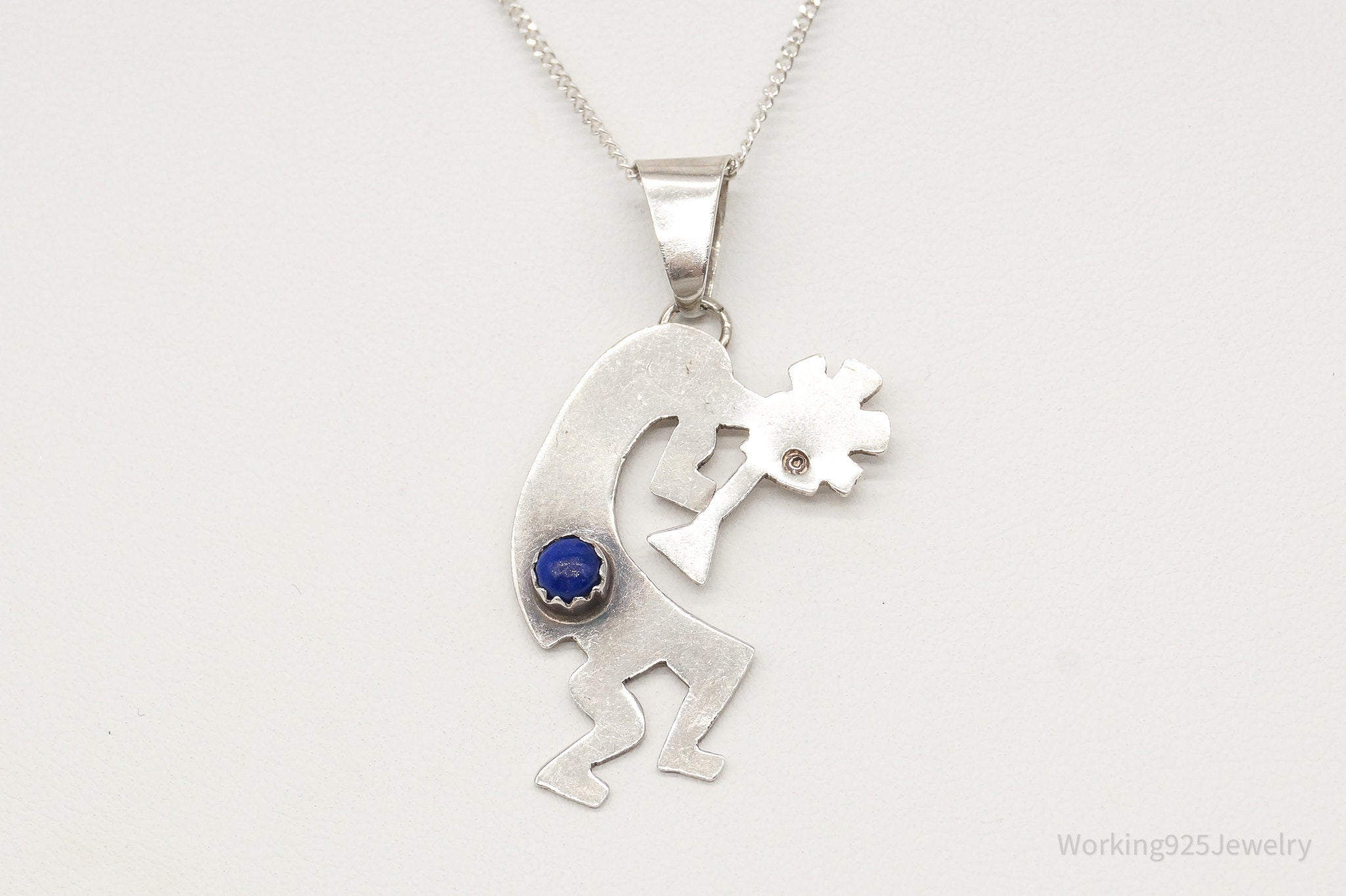 Vintage Native America Lapis Lazuli Dancing Kokopelli Sterling Silver Necklace