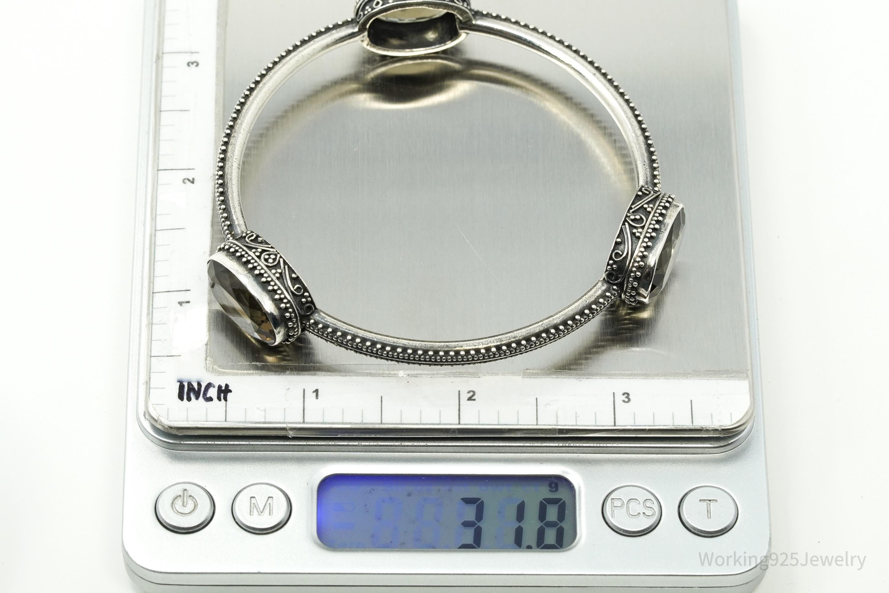 Vintage Smoky Topaz Silver Bangle Bracelet 8"